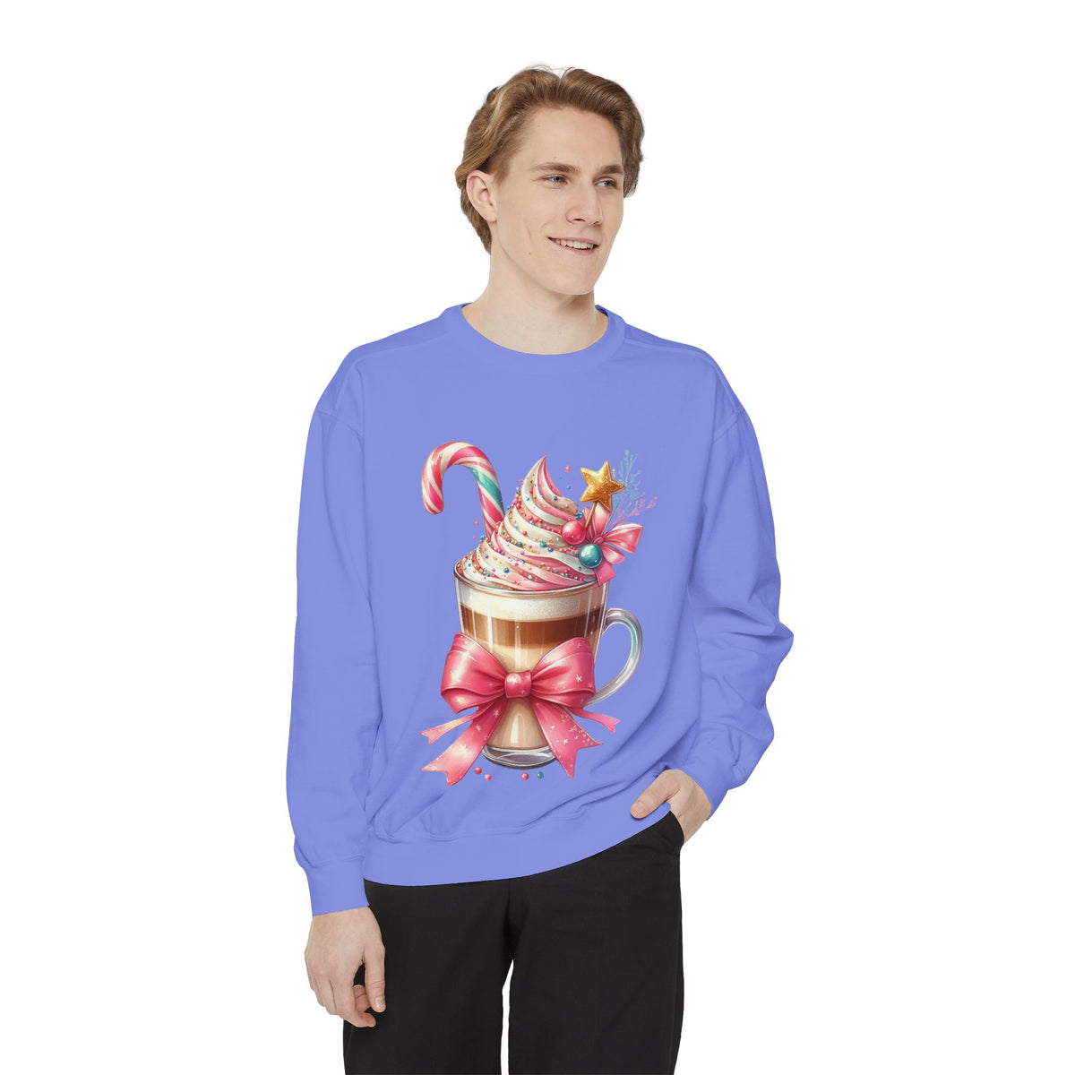 Holiday Hot Cocoa Sweatshirt — Festive Candy Cane Latte Design