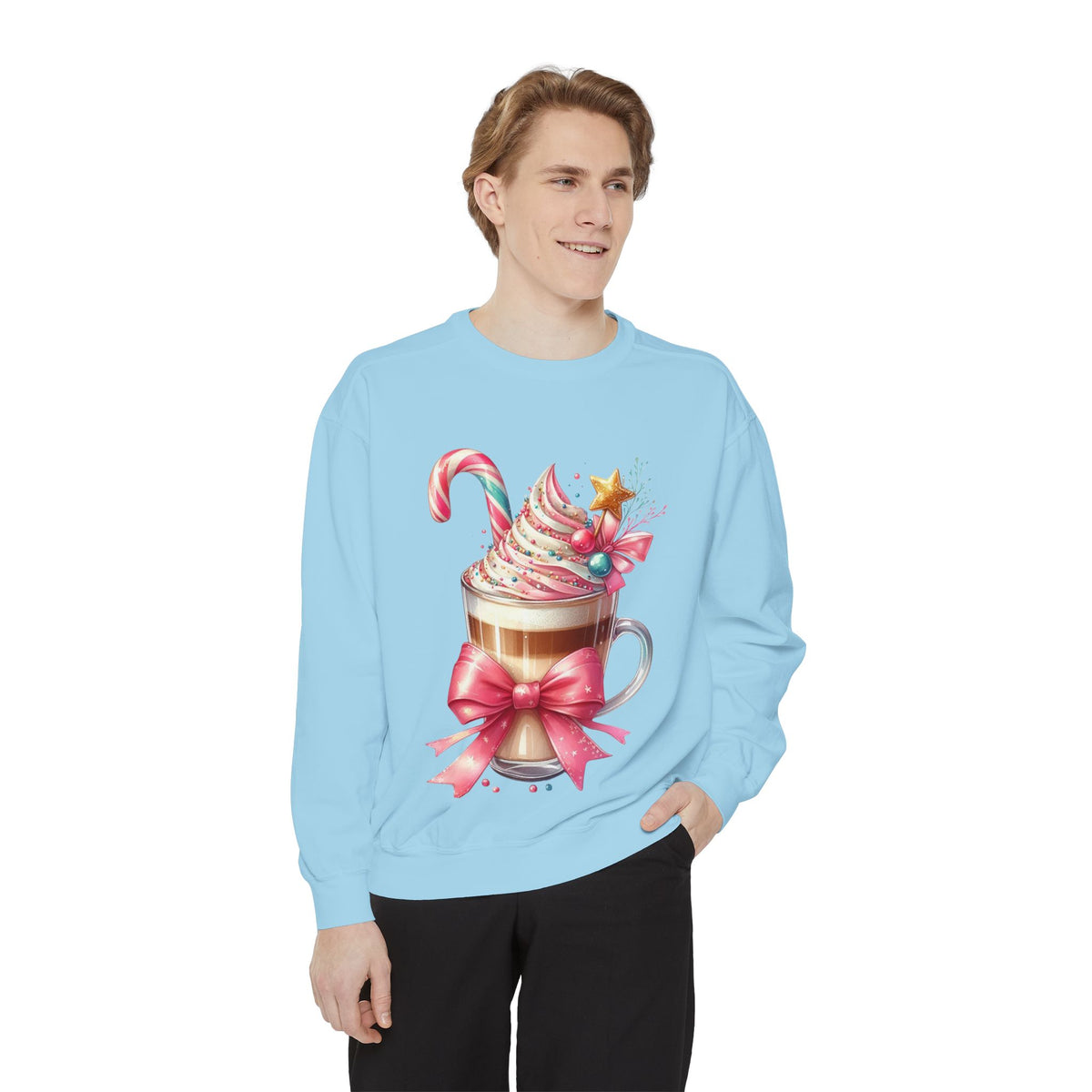 Holiday Hot Cocoa Sweatshirt — Festive Candy Cane Latte Design