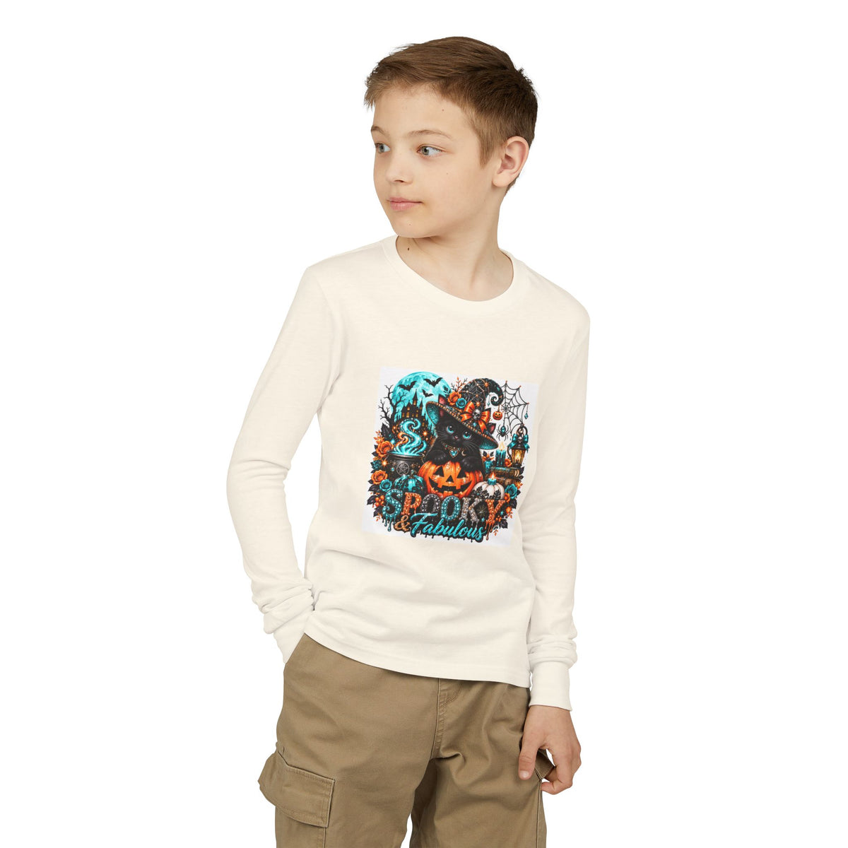 Youth Long Sleeve Tee — "Spooky & Fabulous" Halloween Cat Pumpkin Design