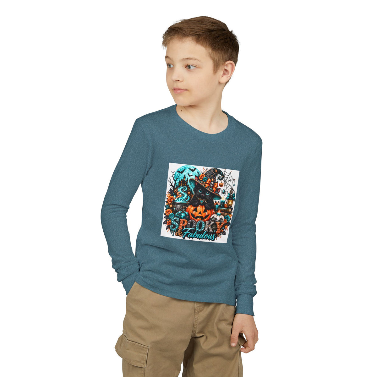 Youth Long Sleeve Tee — "Spooky & Fabulous" Halloween Cat Pumpkin Design