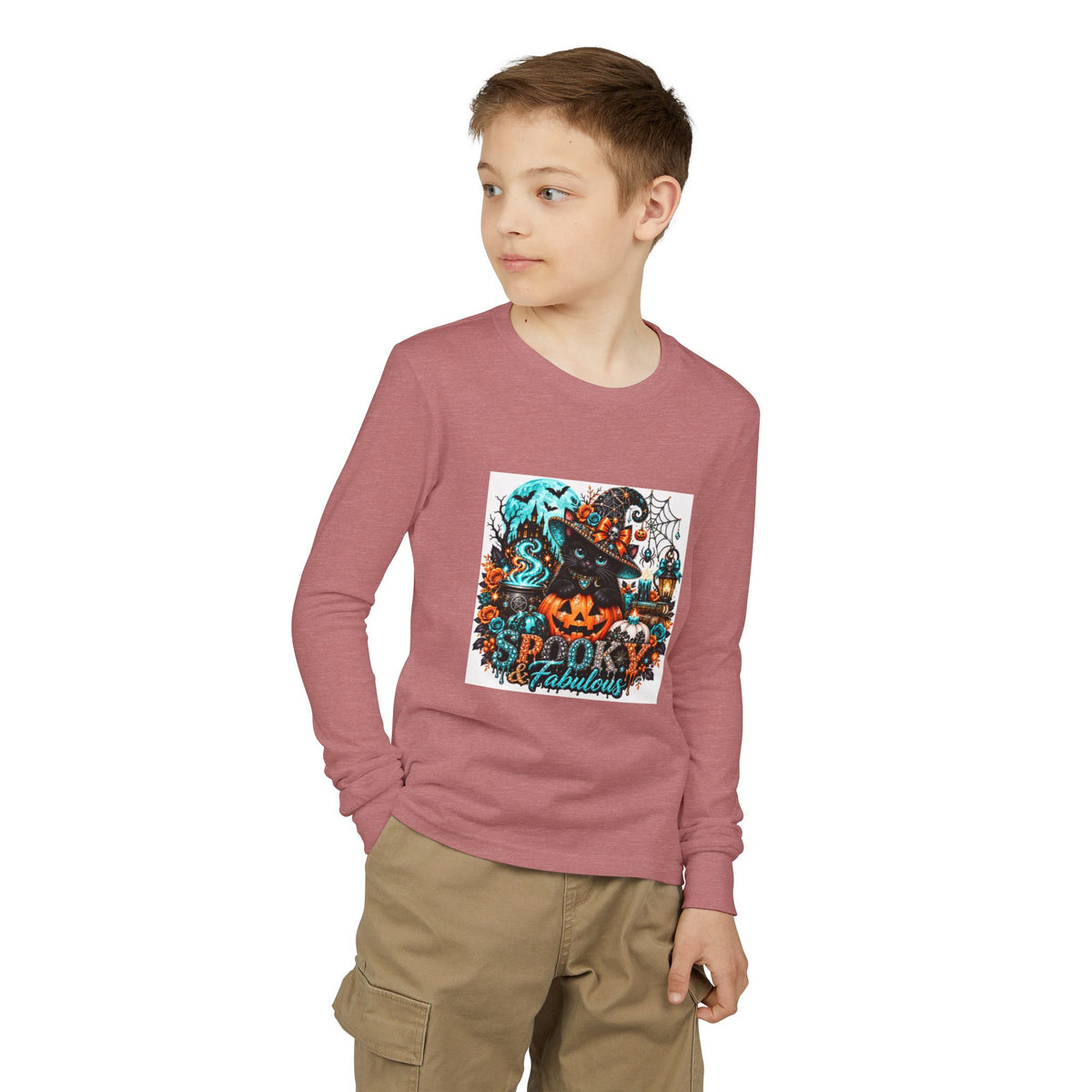 Youth Long Sleeve Tee — "Spooky & Fabulous" Halloween Cat Pumpkin Design