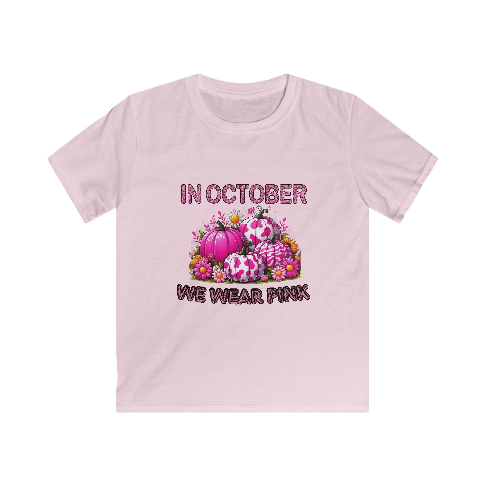 Kids Tee — "In October We Wear Pink" Breast Cancer Awareness Pumpkin Design
