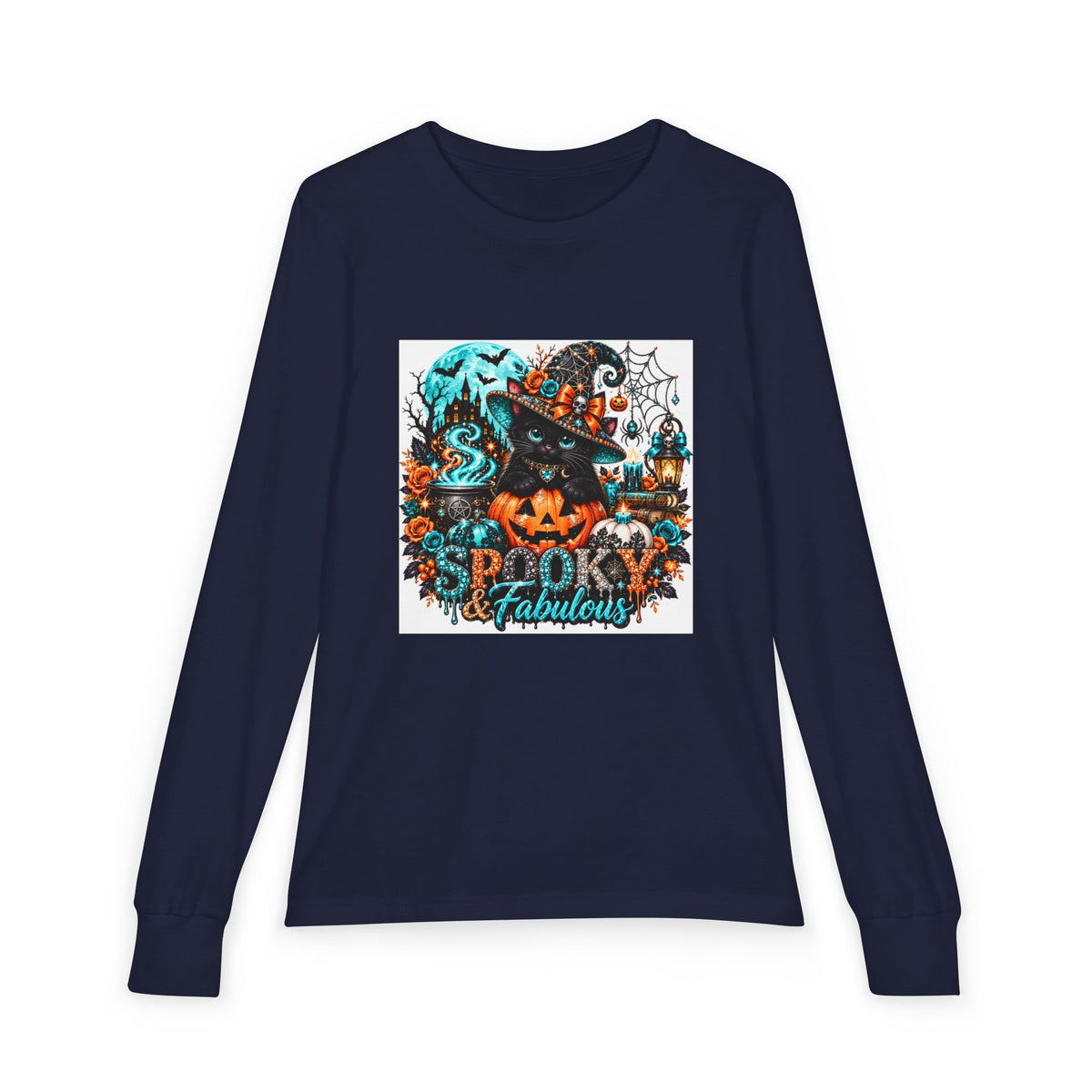 Youth Long Sleeve Tee — "Spooky & Fabulous" Halloween Cat Pumpkin Design