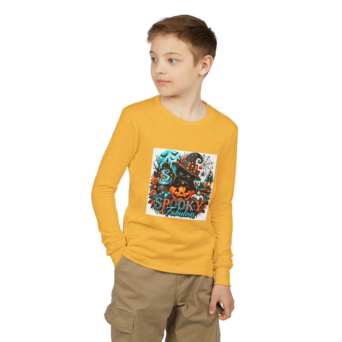 Youth Long Sleeve Tee — "Spooky & Fabulous" Halloween Cat Pumpkin Design
