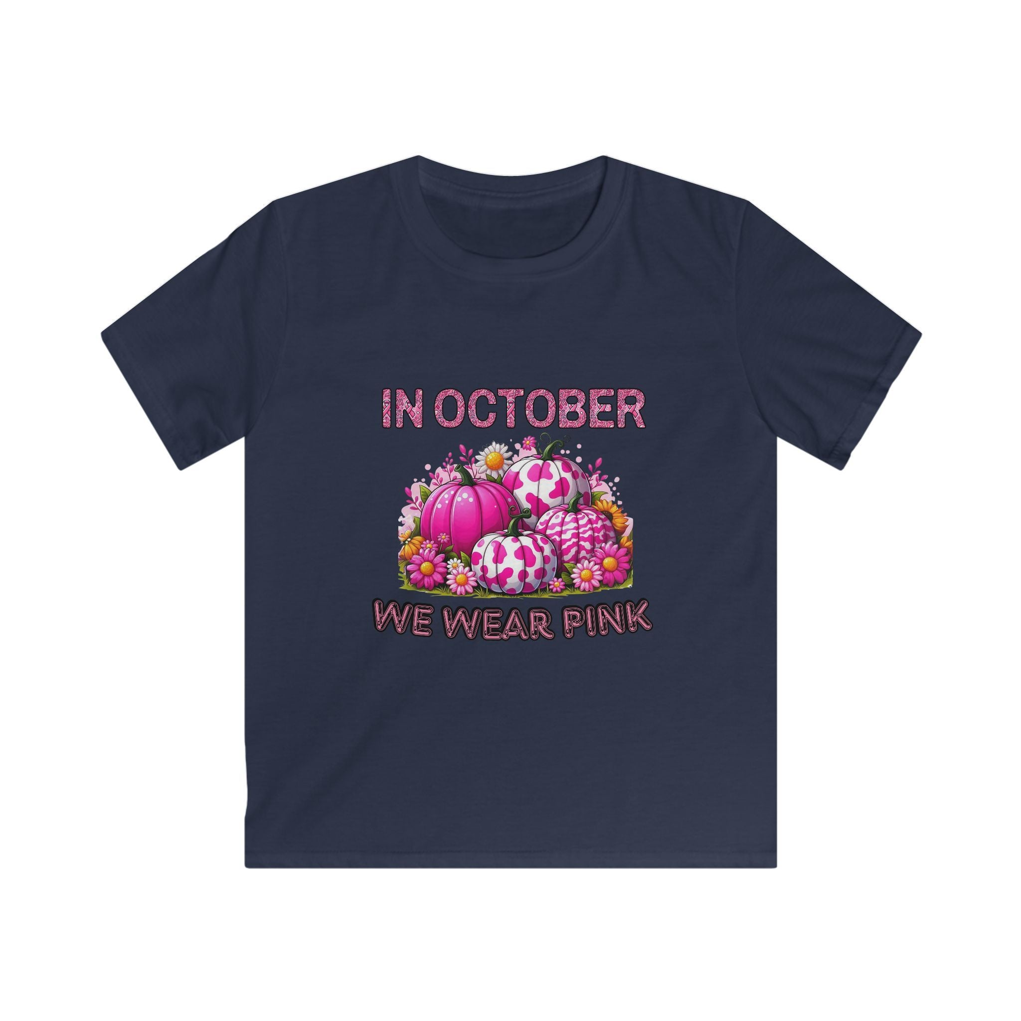 Kids Tee — "In October We Wear Pink" Breast Cancer Awareness Pumpkin Design