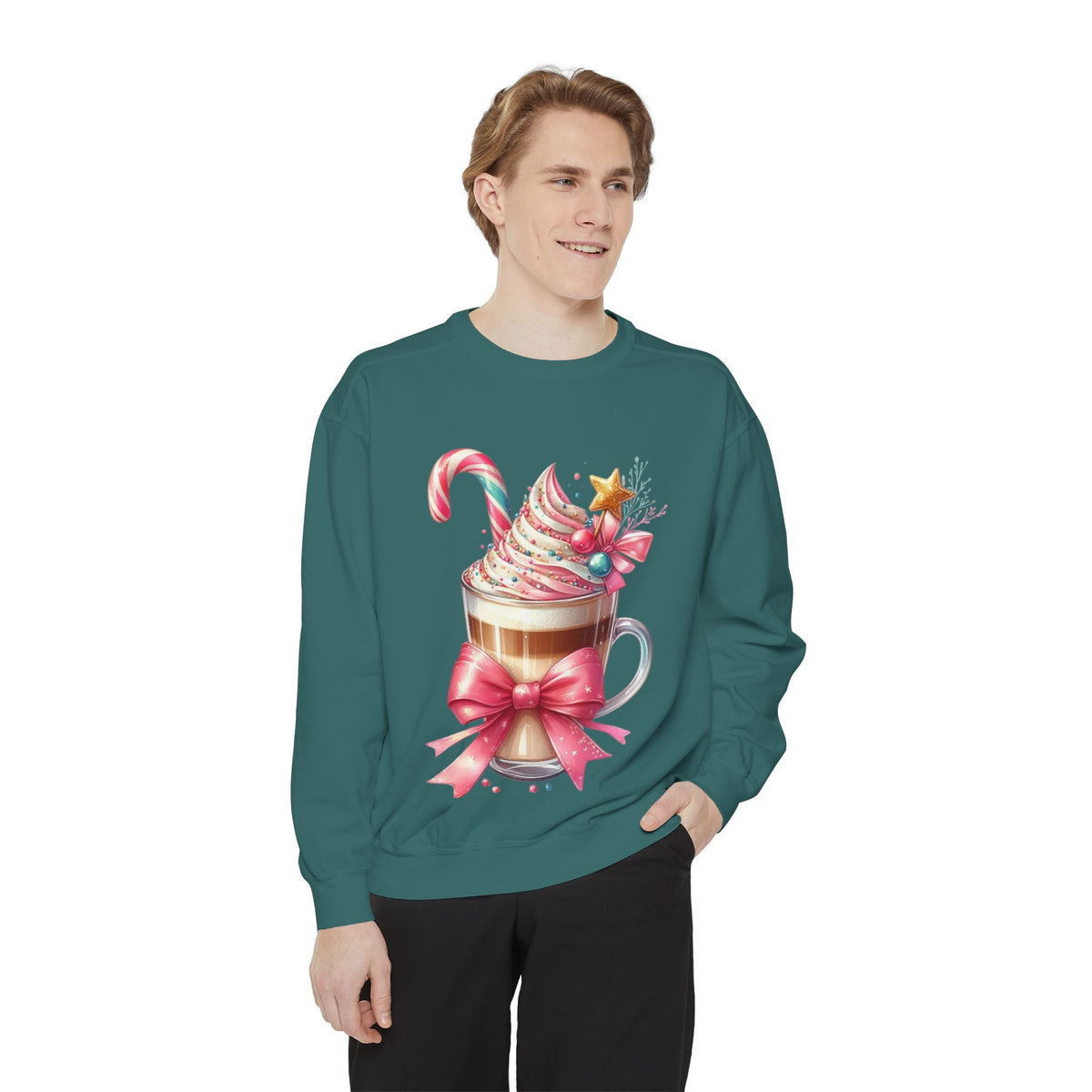 Holiday Hot Cocoa Sweatshirt — Festive Candy Cane Latte Design