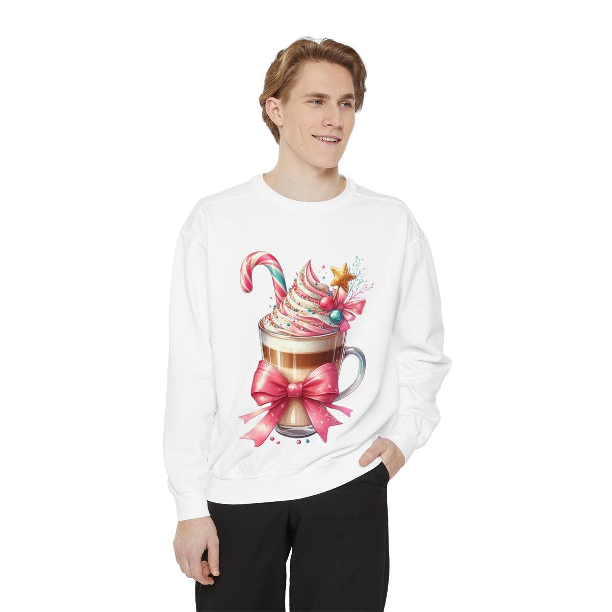 Holiday Hot Cocoa Sweatshirt — Festive Candy Cane Latte Design