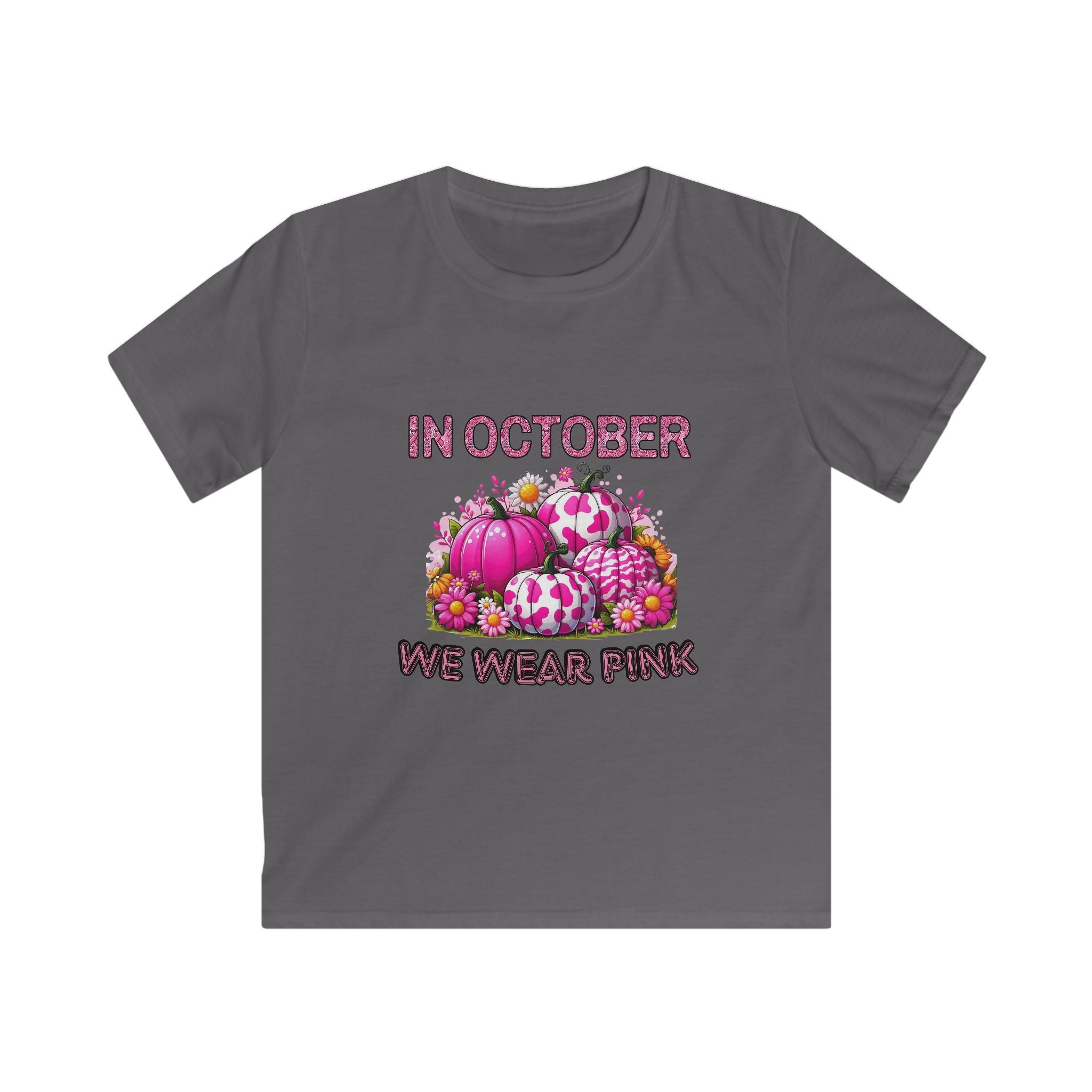Kids Tee — "In October We Wear Pink" Breast Cancer Awareness Pumpkin Design