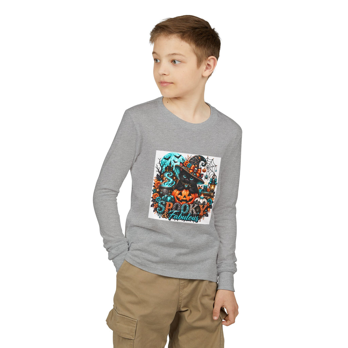Youth Long Sleeve Tee — "Spooky & Fabulous" Halloween Cat Pumpkin Design