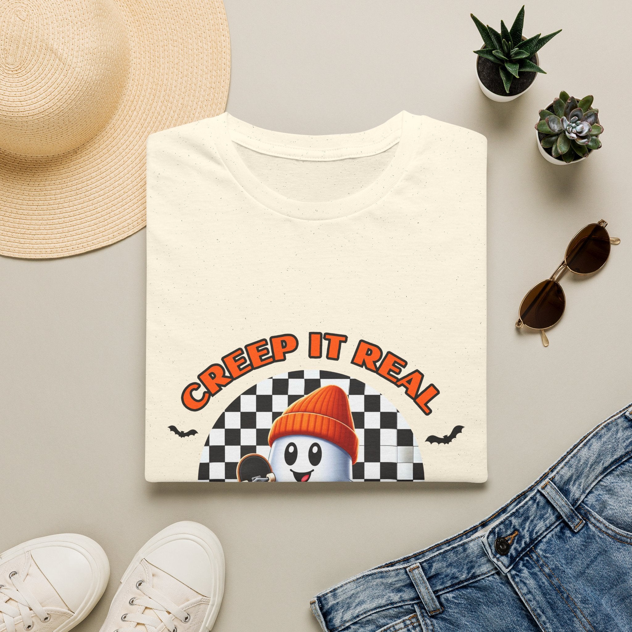 Creep It Real Ghost Tee — Retro Checkered Halloween T-Shirt
