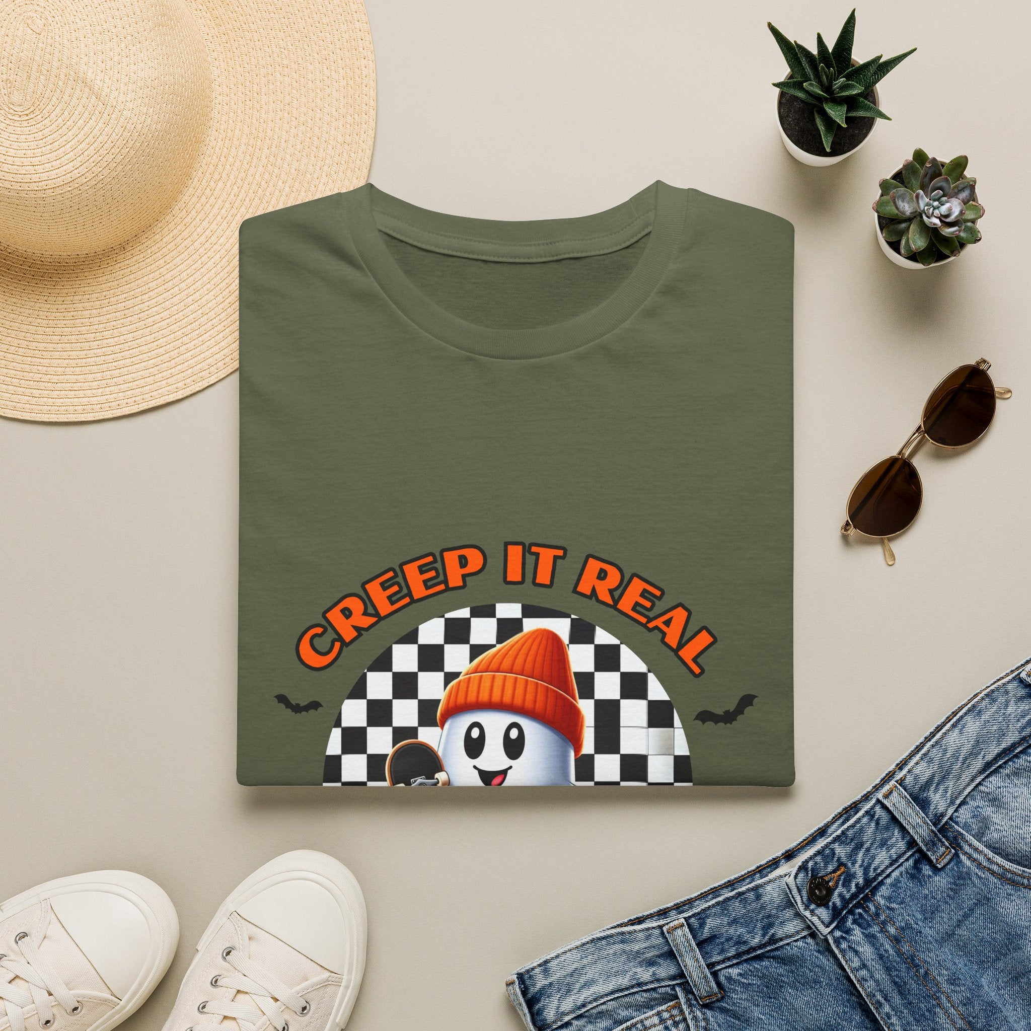 Creep It Real Ghost Tee — Retro Checkered Halloween T-Shirt