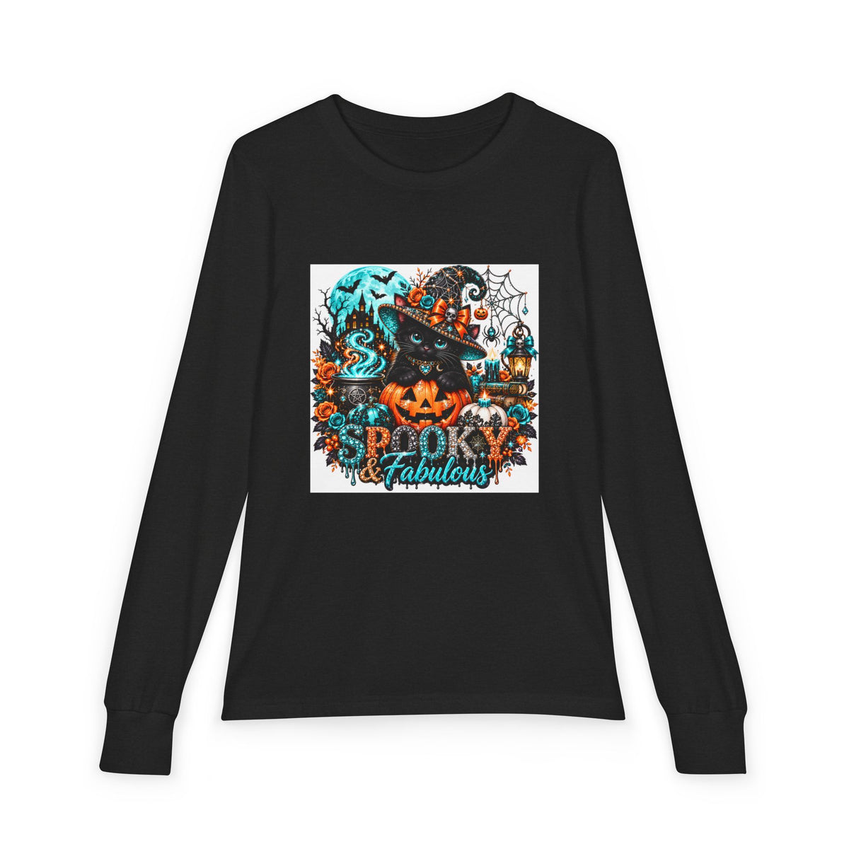 Youth Long Sleeve Tee — "Spooky & Fabulous" Halloween Cat Pumpkin Design