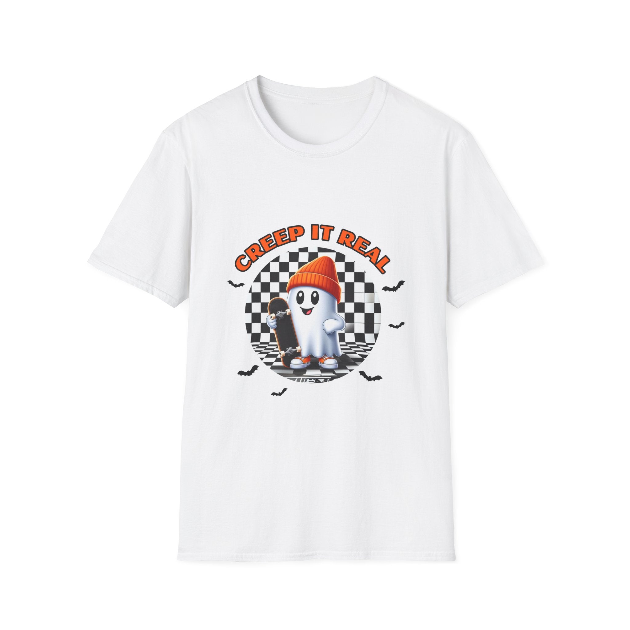 Creep It Real Ghost Tee — Retro Checkered Halloween T-Shirt