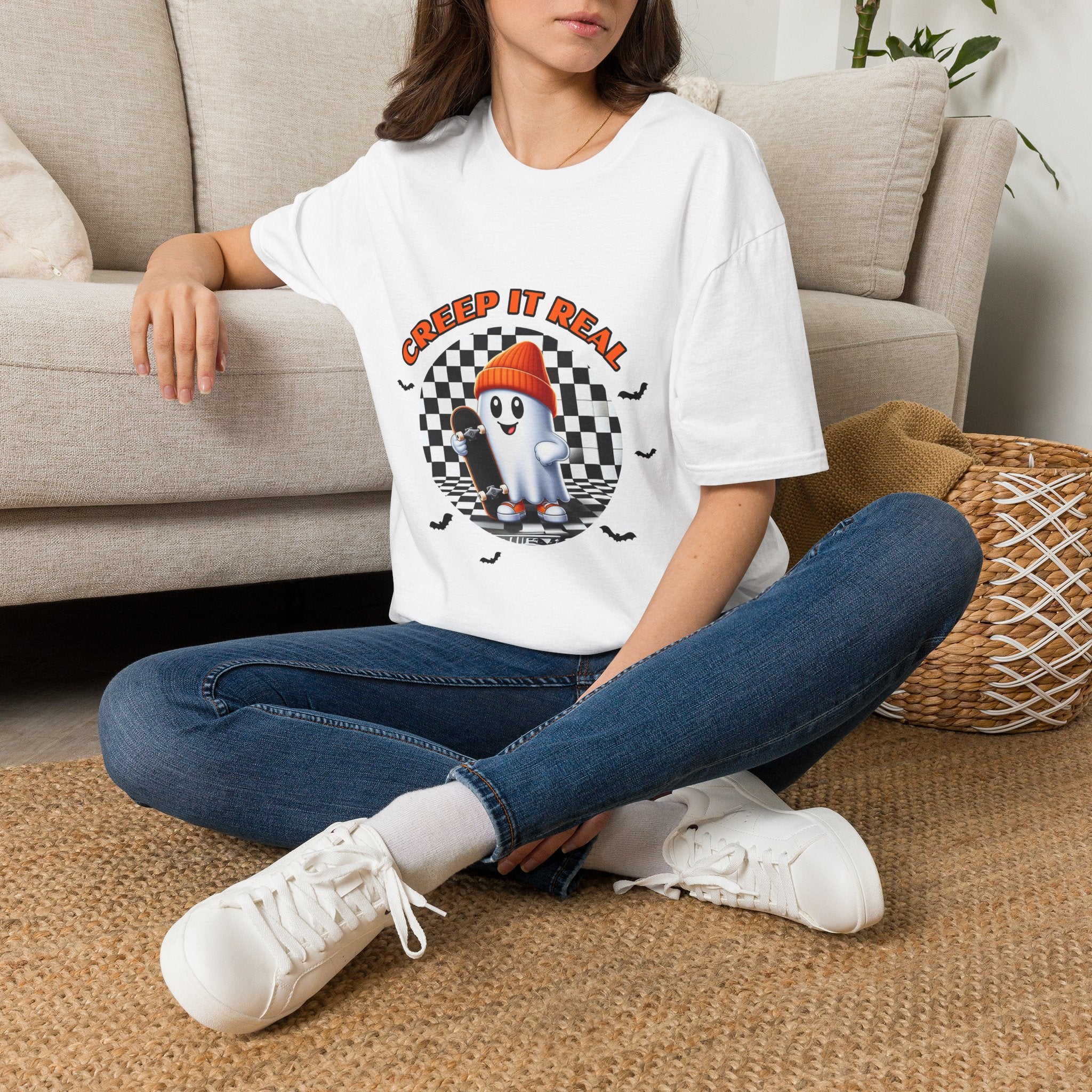 Creep It Real Ghost Tee — Retro Checkered Halloween T-Shirt