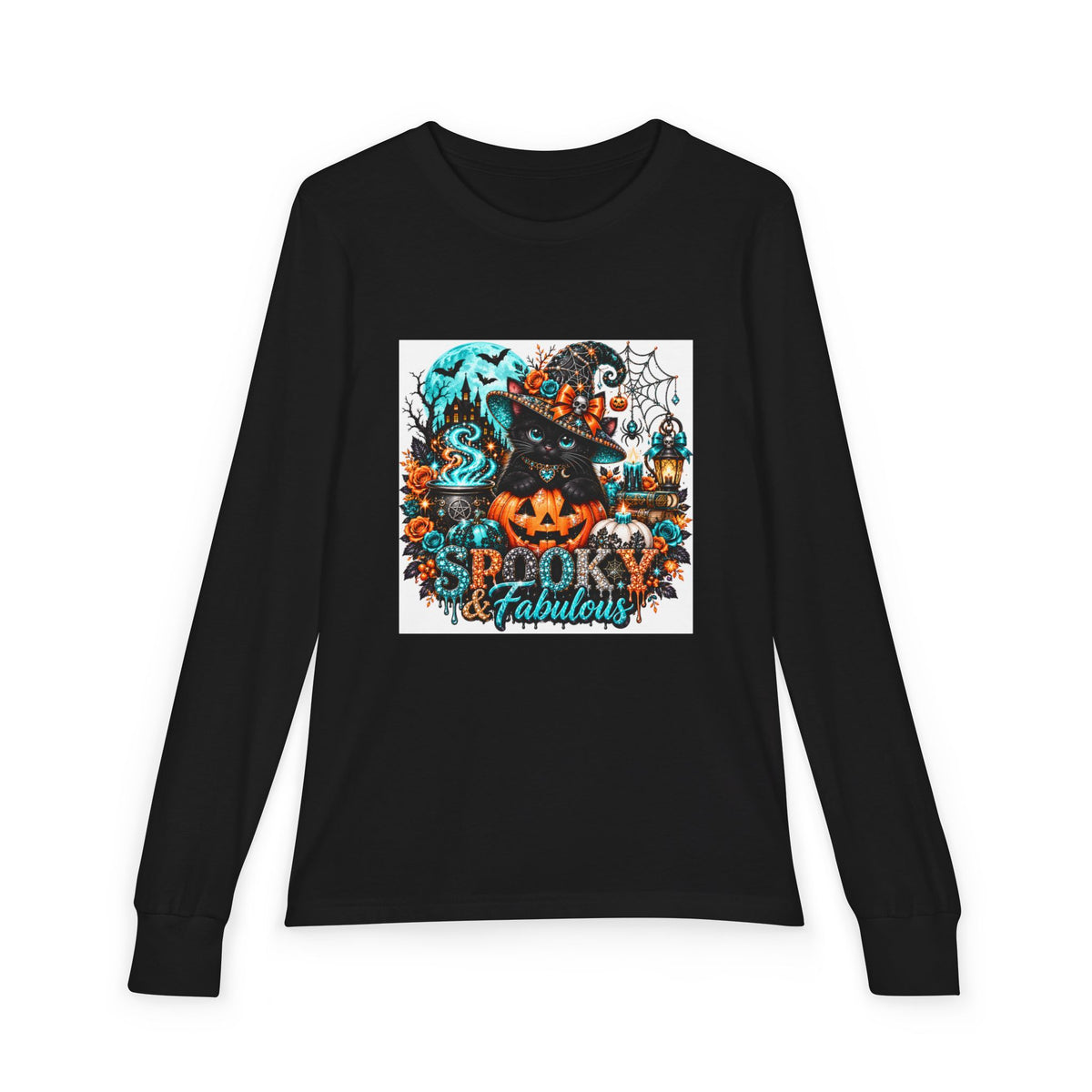 Youth Long Sleeve Tee — "Spooky & Fabulous" Halloween Cat Pumpkin Design