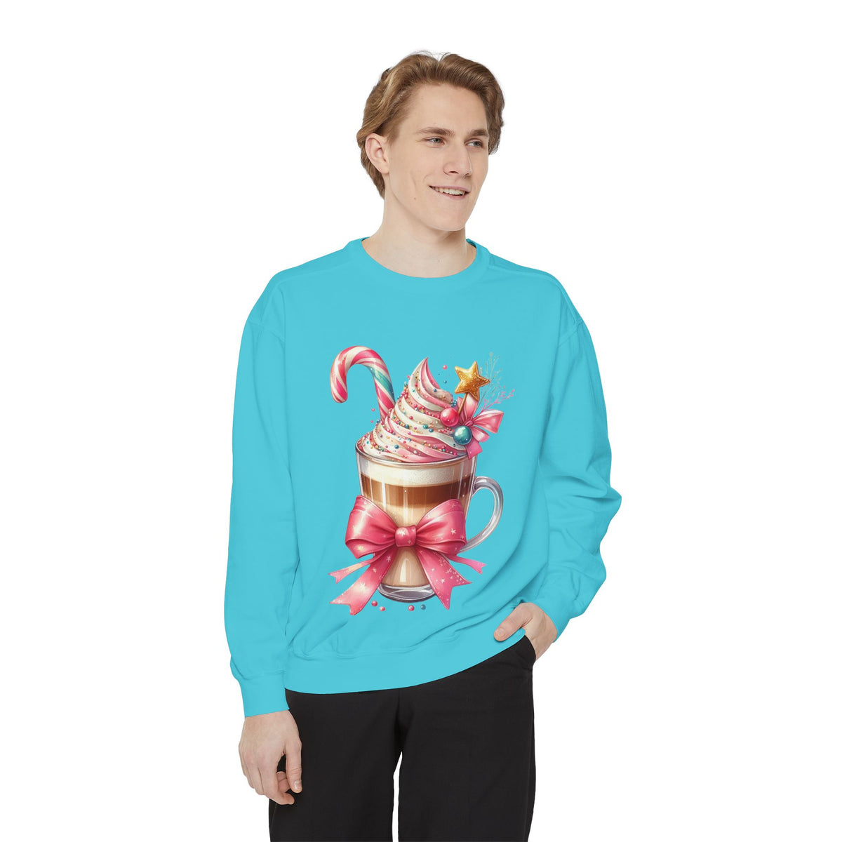 Holiday Hot Cocoa Sweatshirt — Festive Candy Cane Latte Design