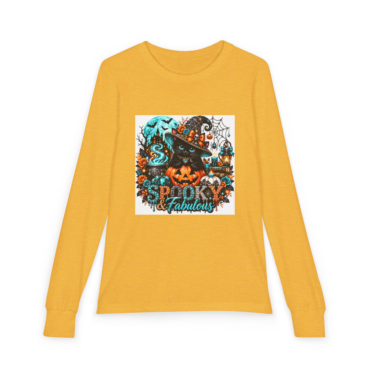Youth Long Sleeve Tee — "Spooky & Fabulous" Halloween Cat Pumpkin Design