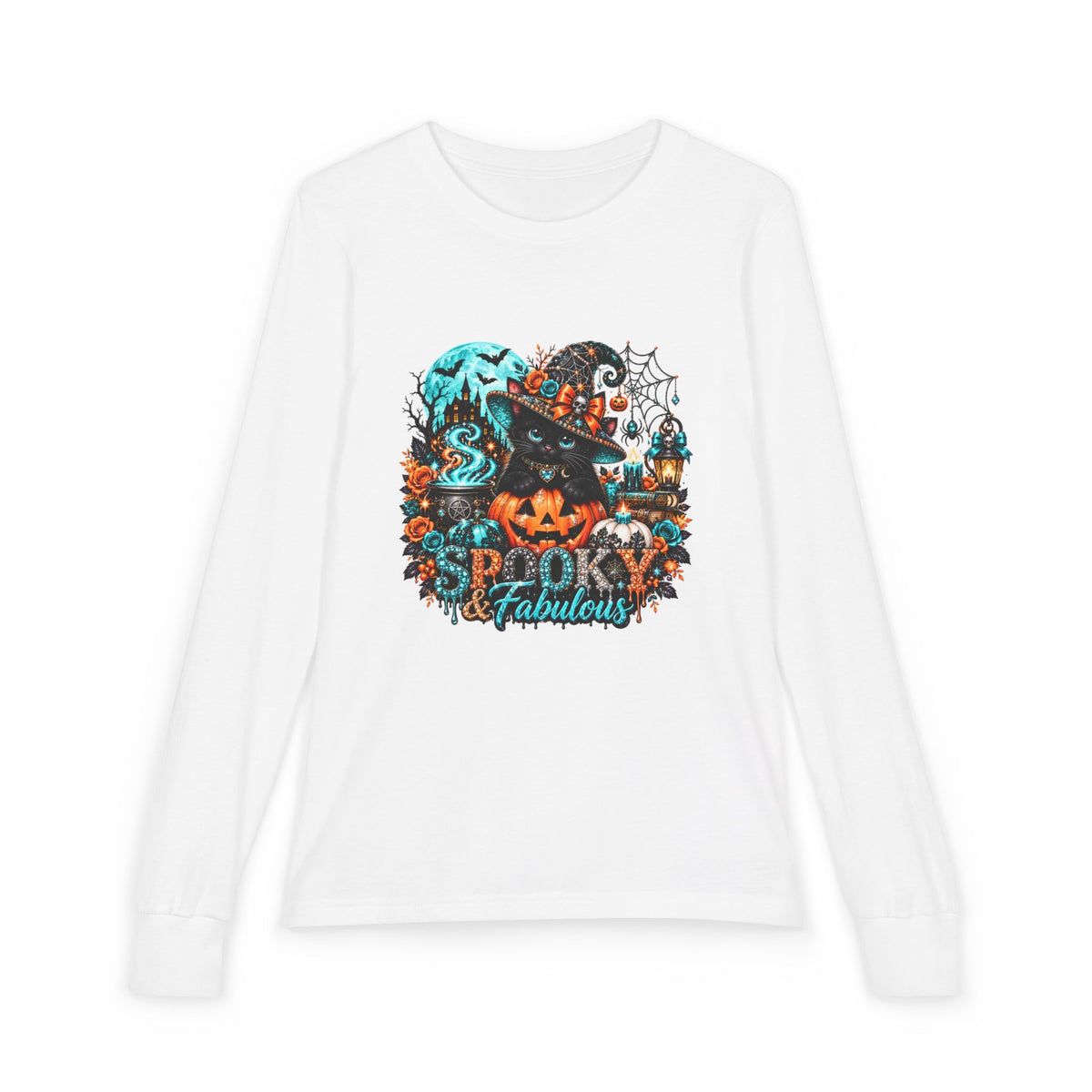 Youth Long Sleeve Tee — "Spooky & Fabulous" Halloween Cat Pumpkin Design