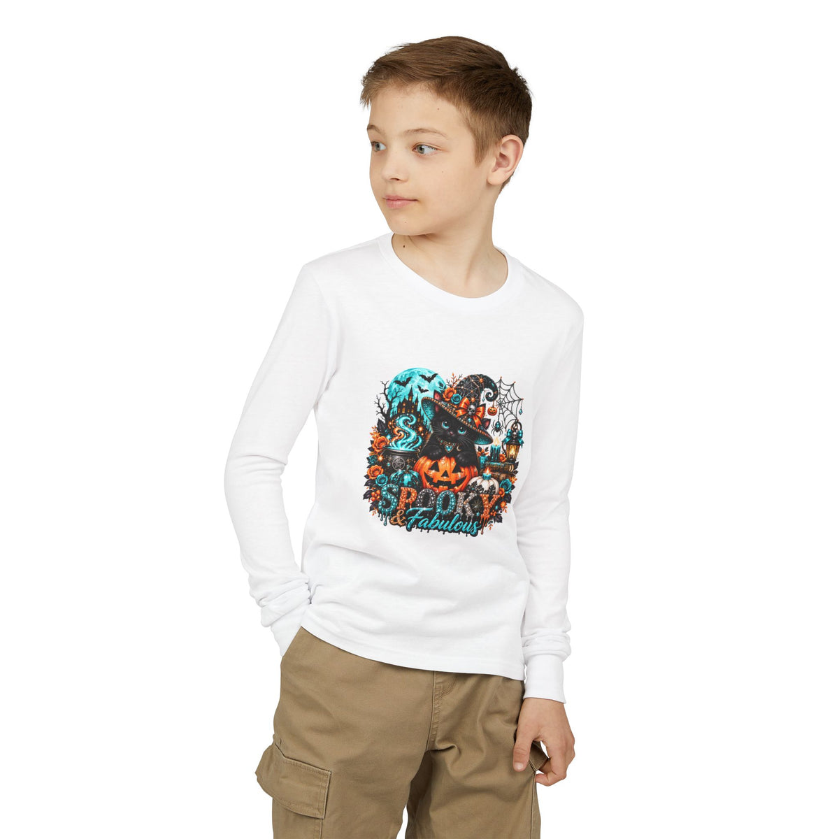 Youth Long Sleeve Tee — "Spooky & Fabulous" Halloween Cat Pumpkin Design