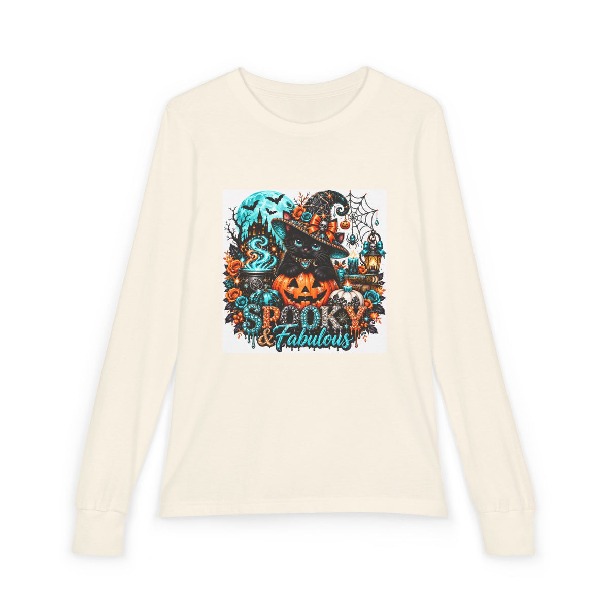 Youth Long Sleeve Tee — "Spooky & Fabulous" Halloween Cat Pumpkin Design