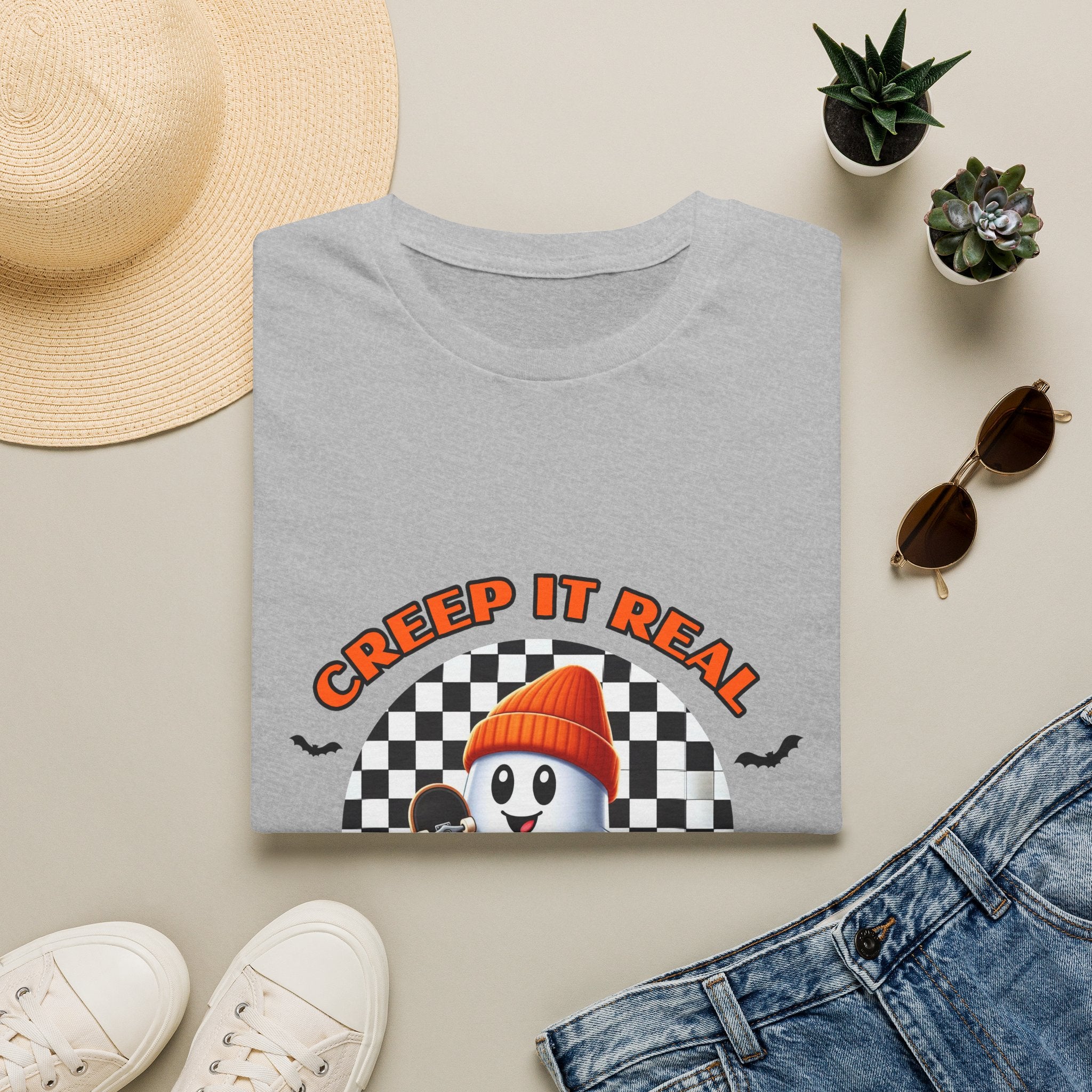 Creep It Real Ghost Tee — Retro Checkered Halloween T-Shirt