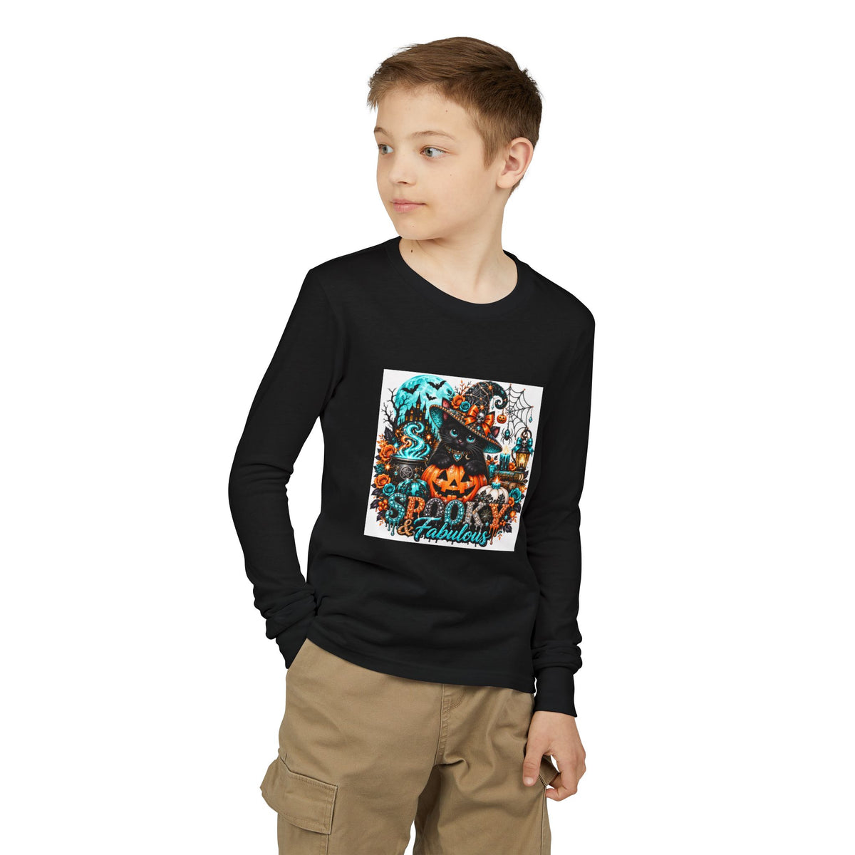 Youth Long Sleeve Tee — "Spooky & Fabulous" Halloween Cat Pumpkin Design