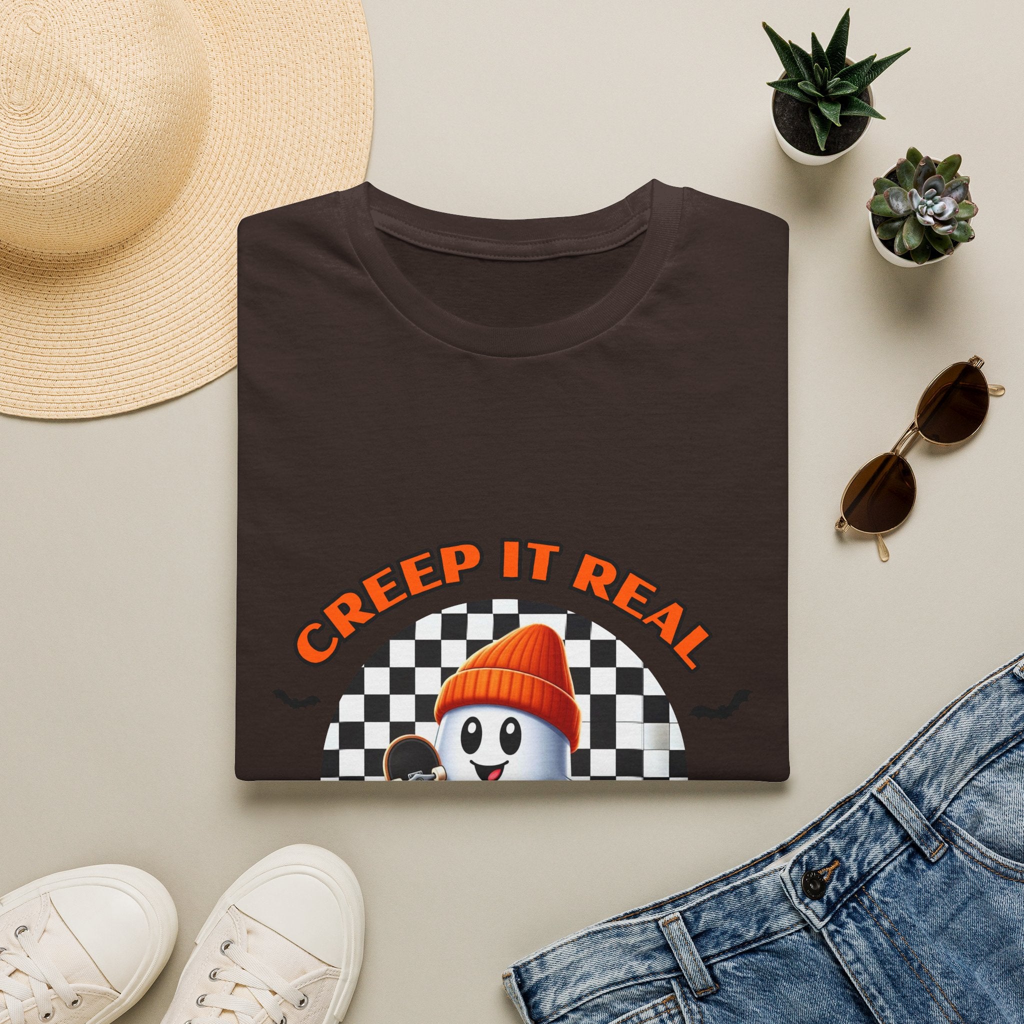 Creep It Real Ghost Tee — Retro Checkered Halloween T-Shirt