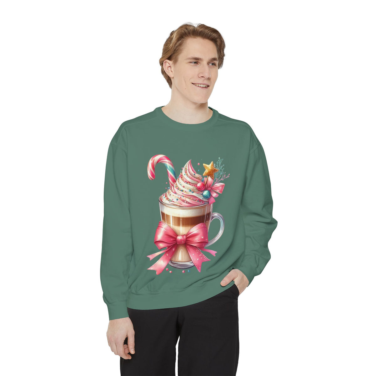 Holiday Hot Cocoa Sweatshirt — Festive Candy Cane Latte Design
