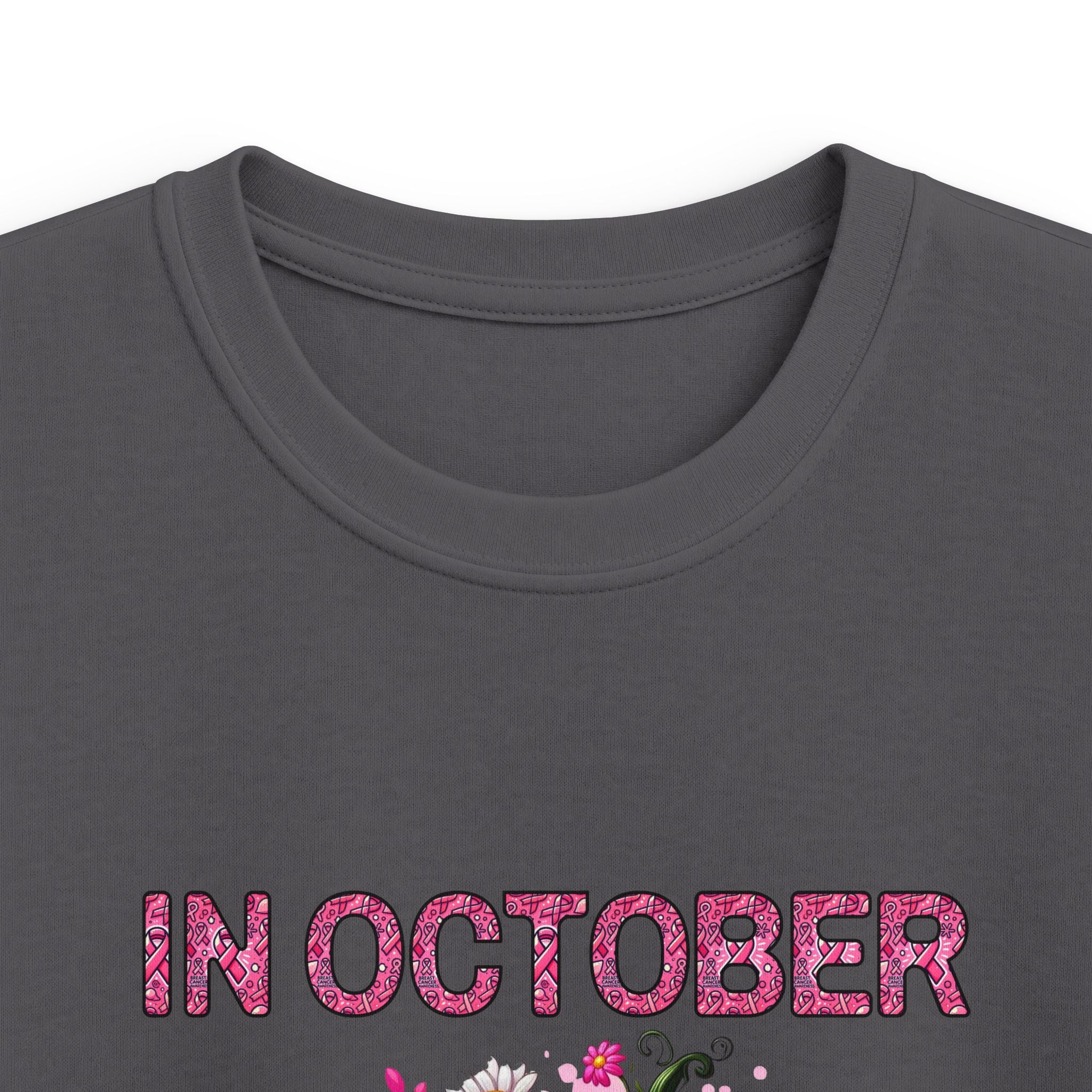 Kids Tee — "In October We Wear Pink" Breast Cancer Awareness Pumpkin Design