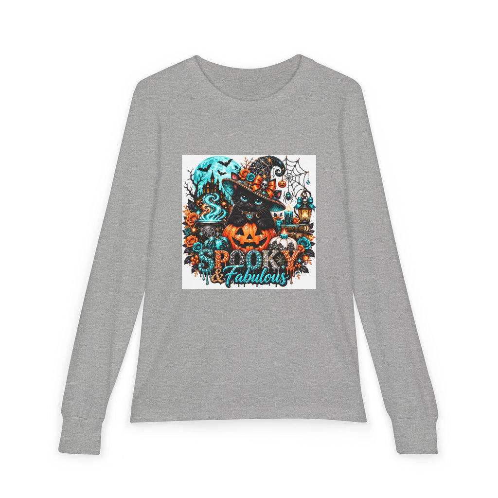 Youth Long Sleeve Tee — "Spooky & Fabulous" Halloween Cat Pumpkin Design