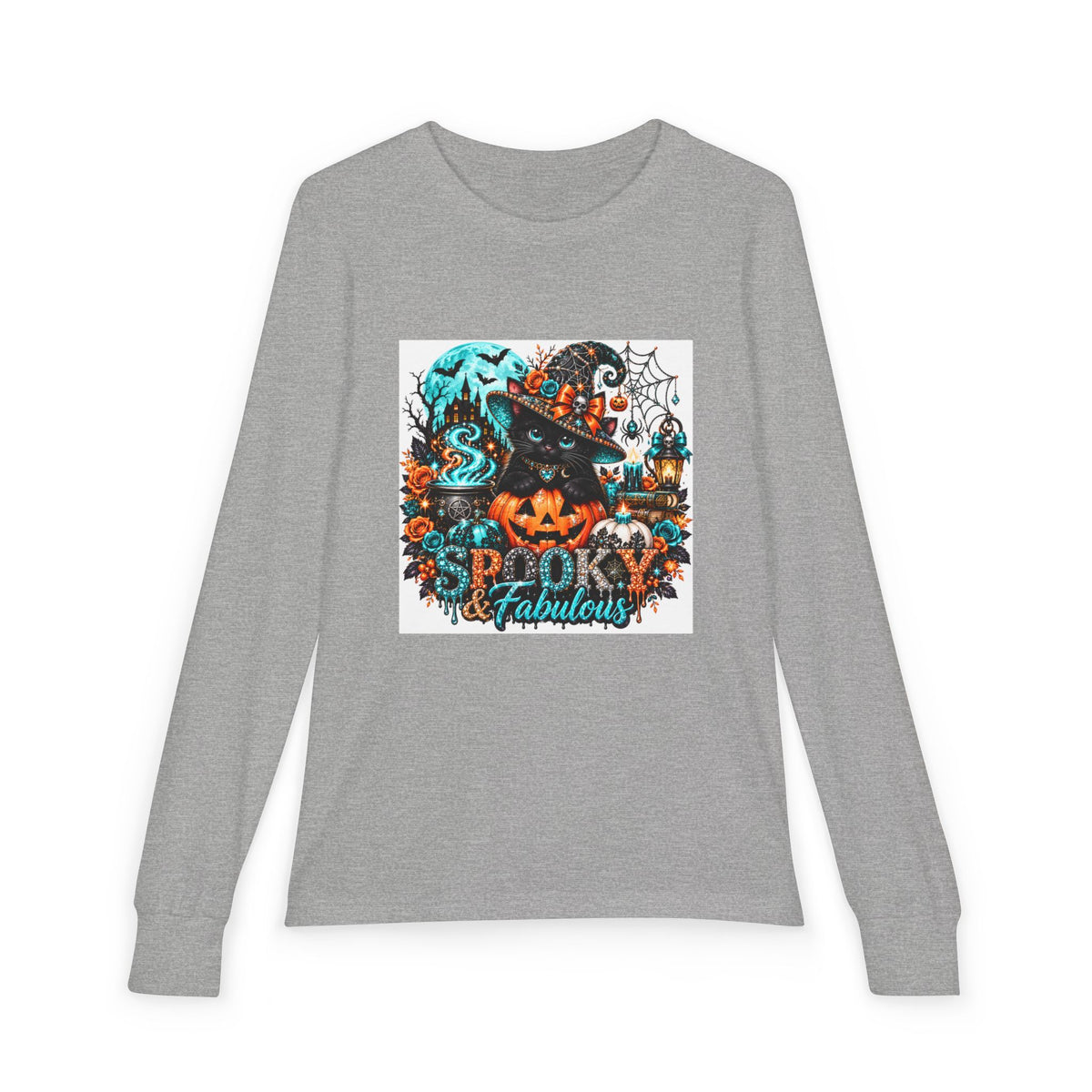Youth Long Sleeve Tee — "Spooky & Fabulous" Halloween Cat Pumpkin Design