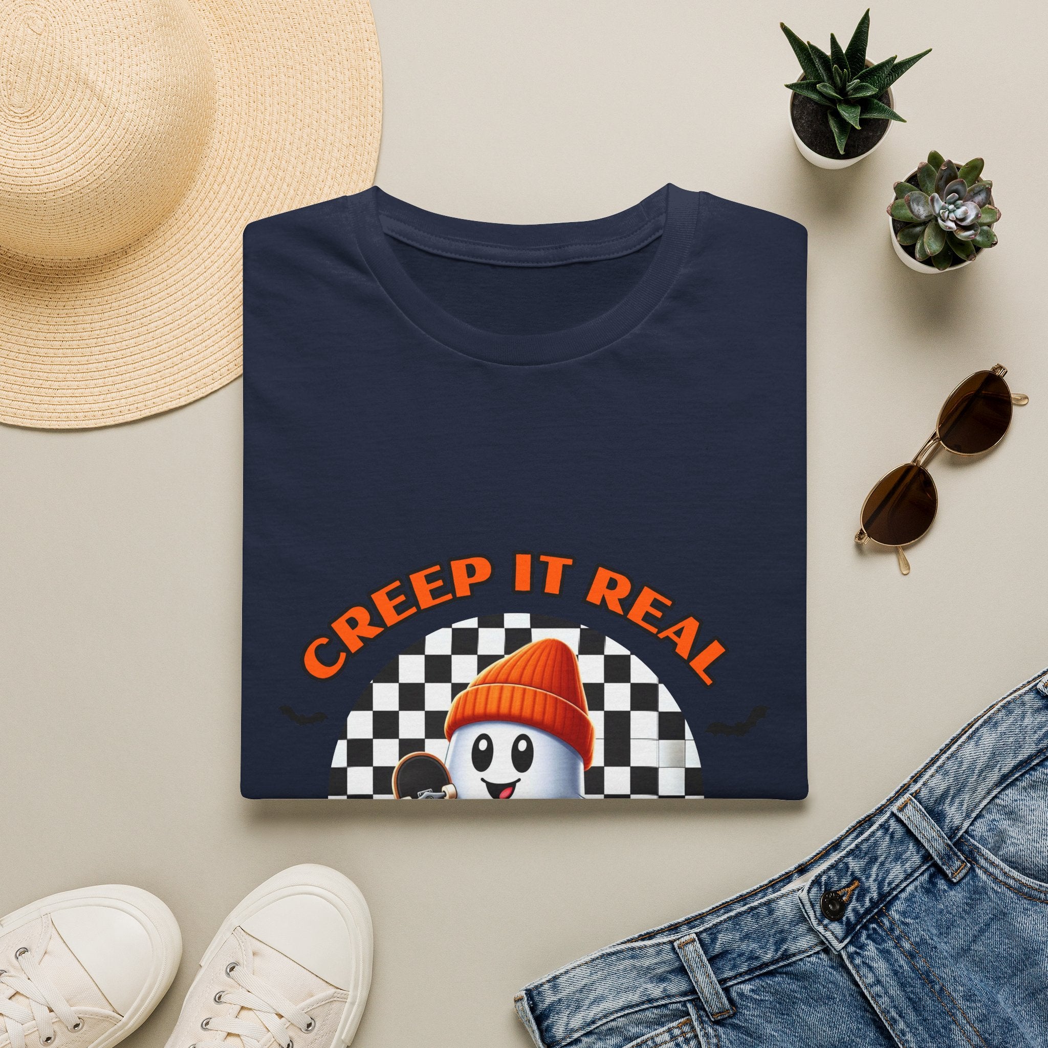 Creep It Real Ghost Tee — Retro Checkered Halloween T-Shirt