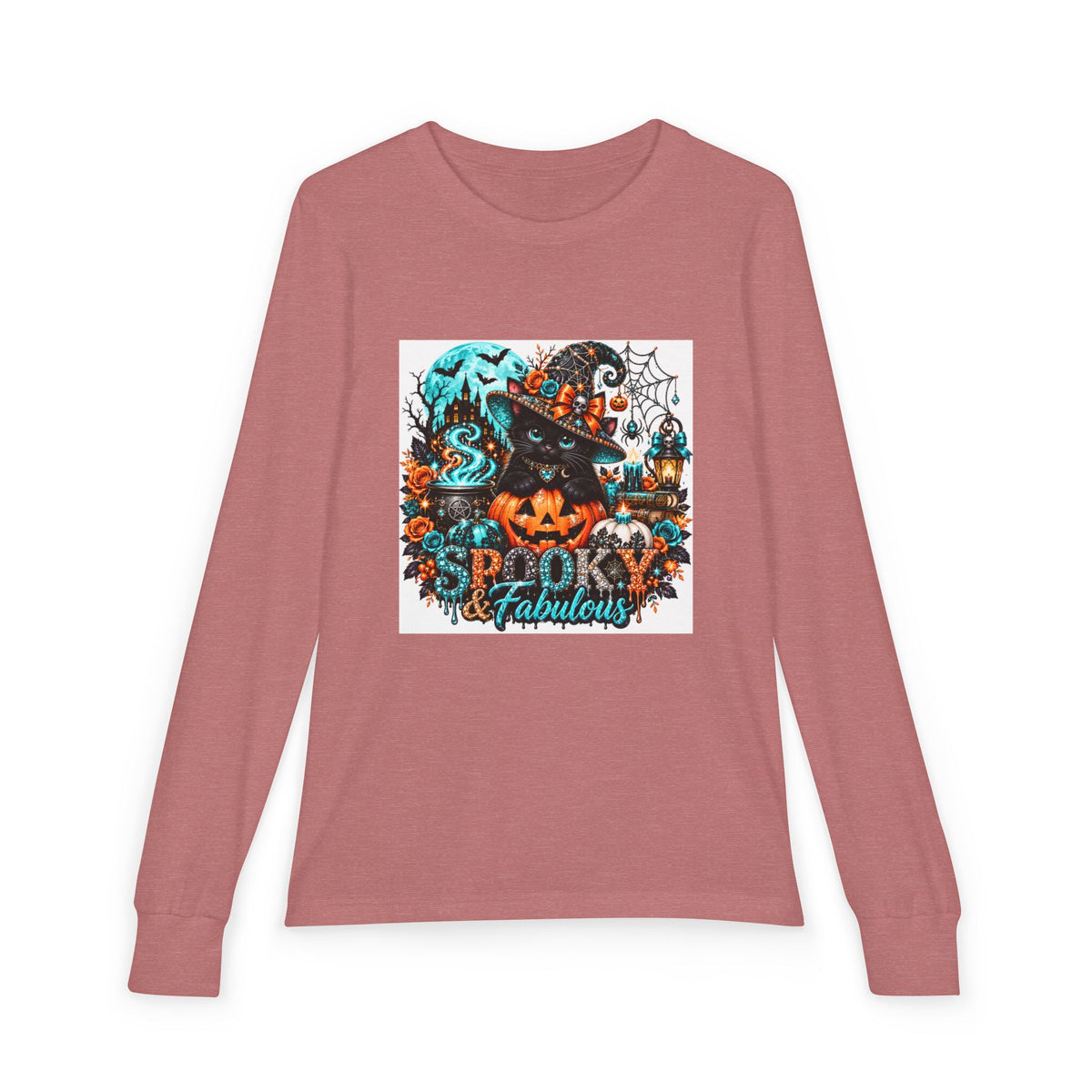 Youth Long Sleeve Tee — "Spooky & Fabulous" Halloween Cat Pumpkin Design