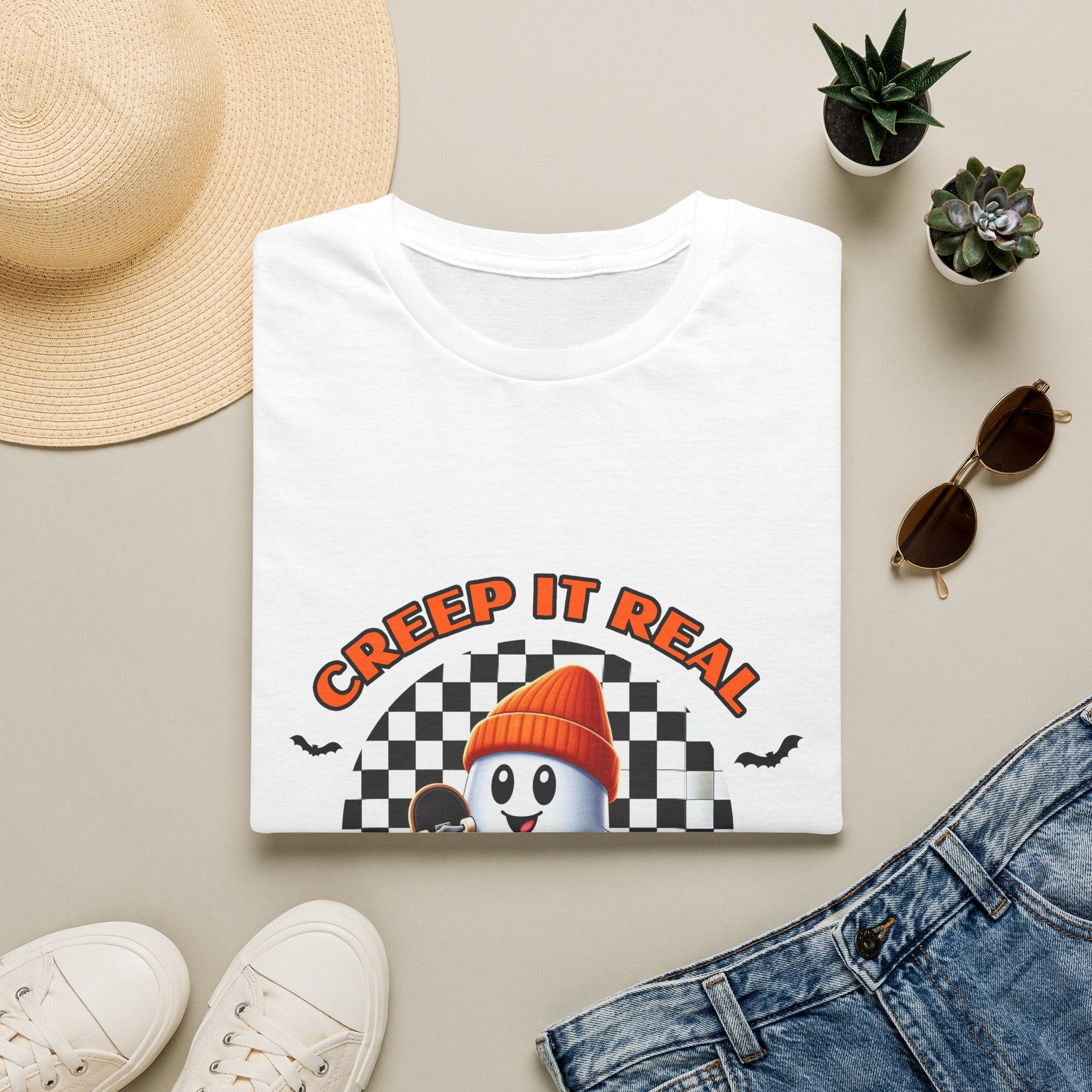 Creep It Real Ghost Tee — Retro Checkered Halloween T-Shirt