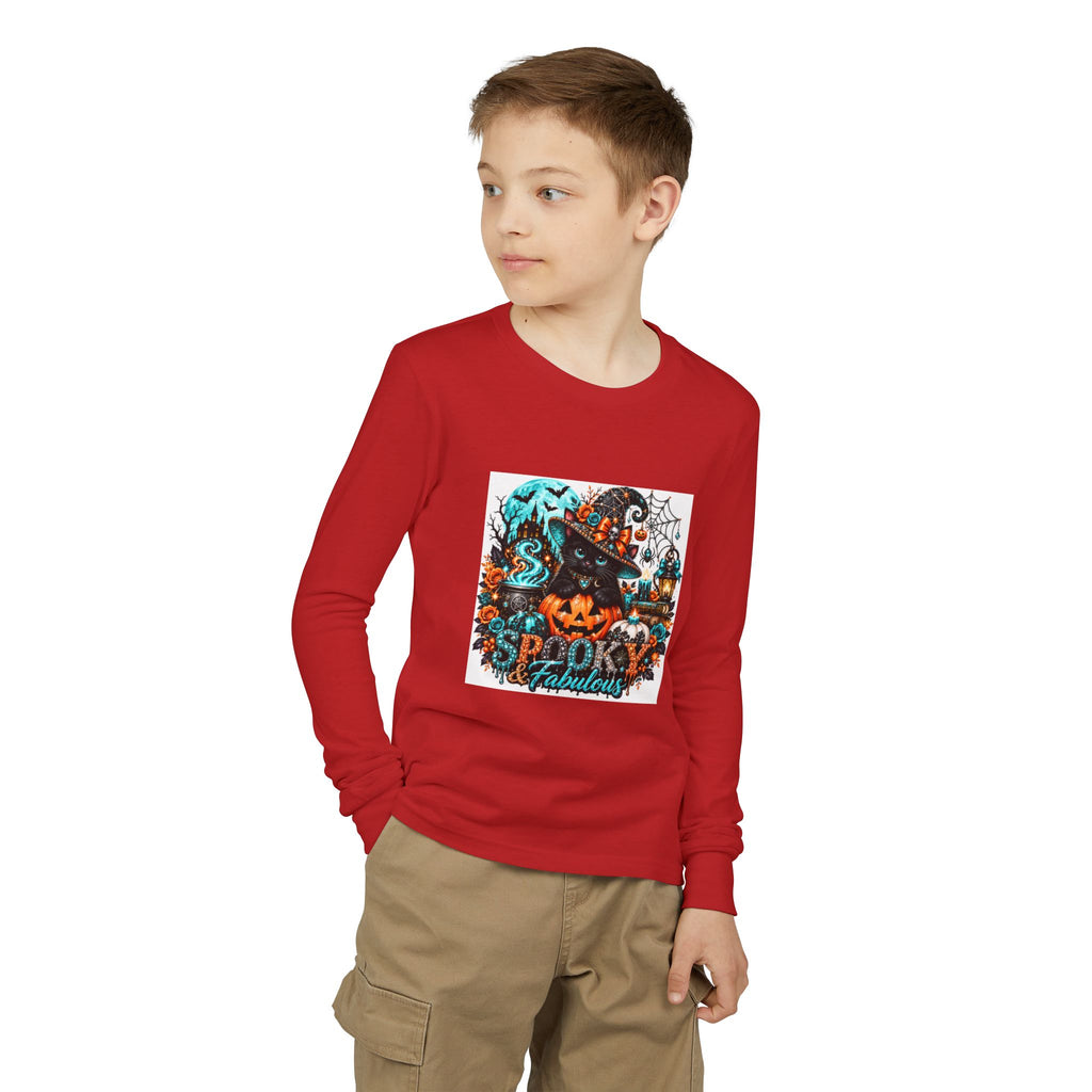 Youth Long Sleeve Tee — "Spooky & Fabulous" Halloween Cat Pumpkin Design