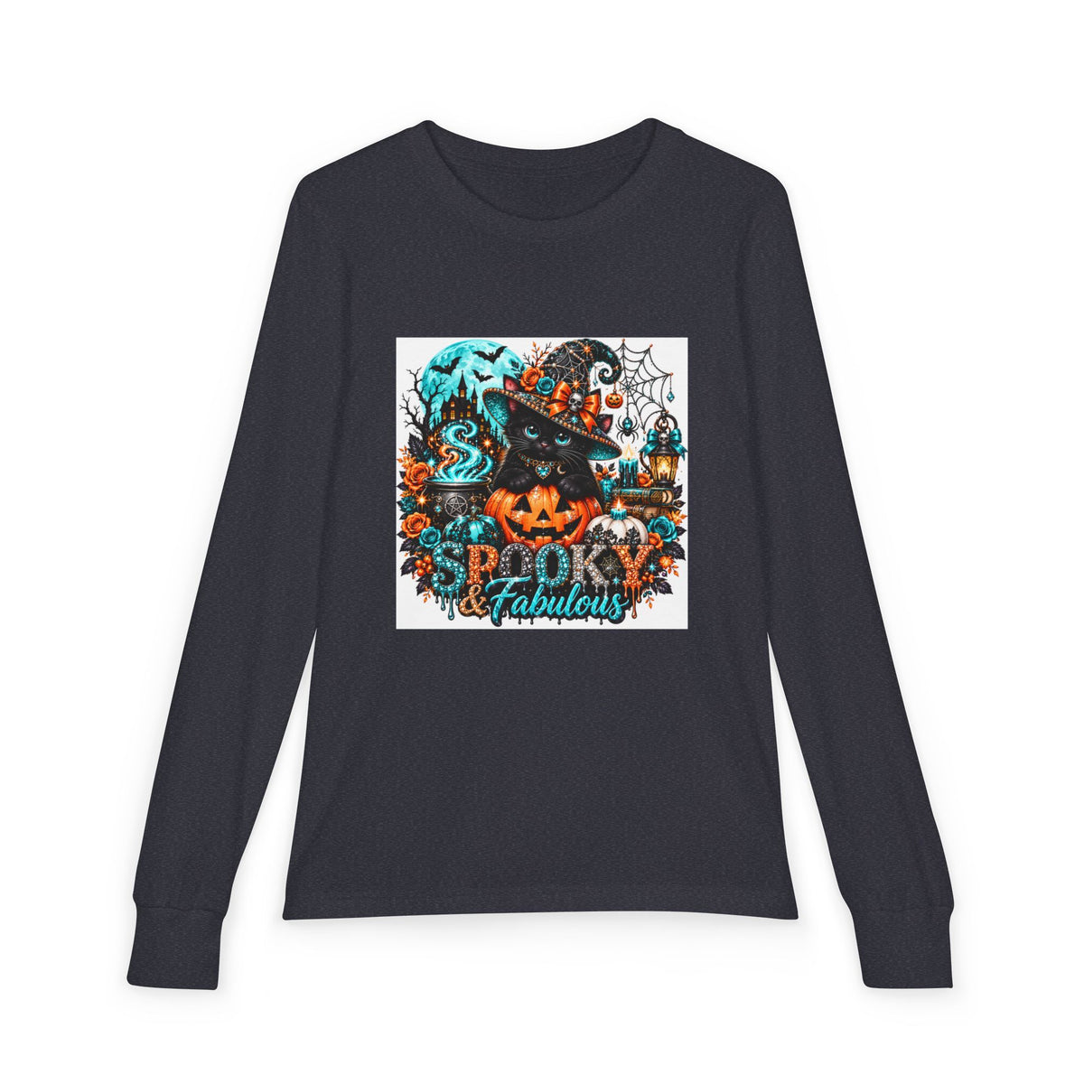 Youth Long Sleeve Tee — "Spooky & Fabulous" Halloween Cat Pumpkin Design