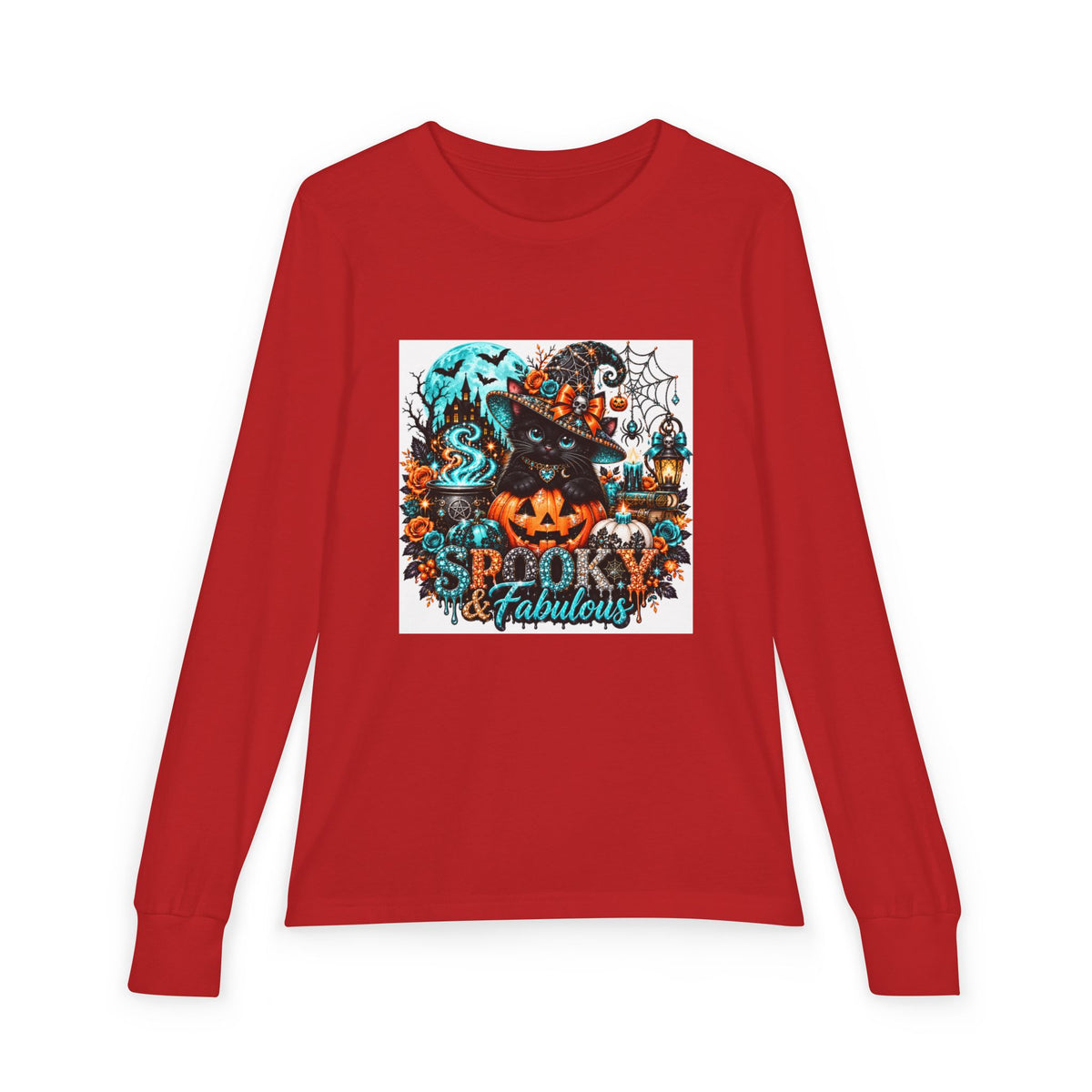 Youth Long Sleeve Tee — "Spooky & Fabulous" Halloween Cat Pumpkin Design