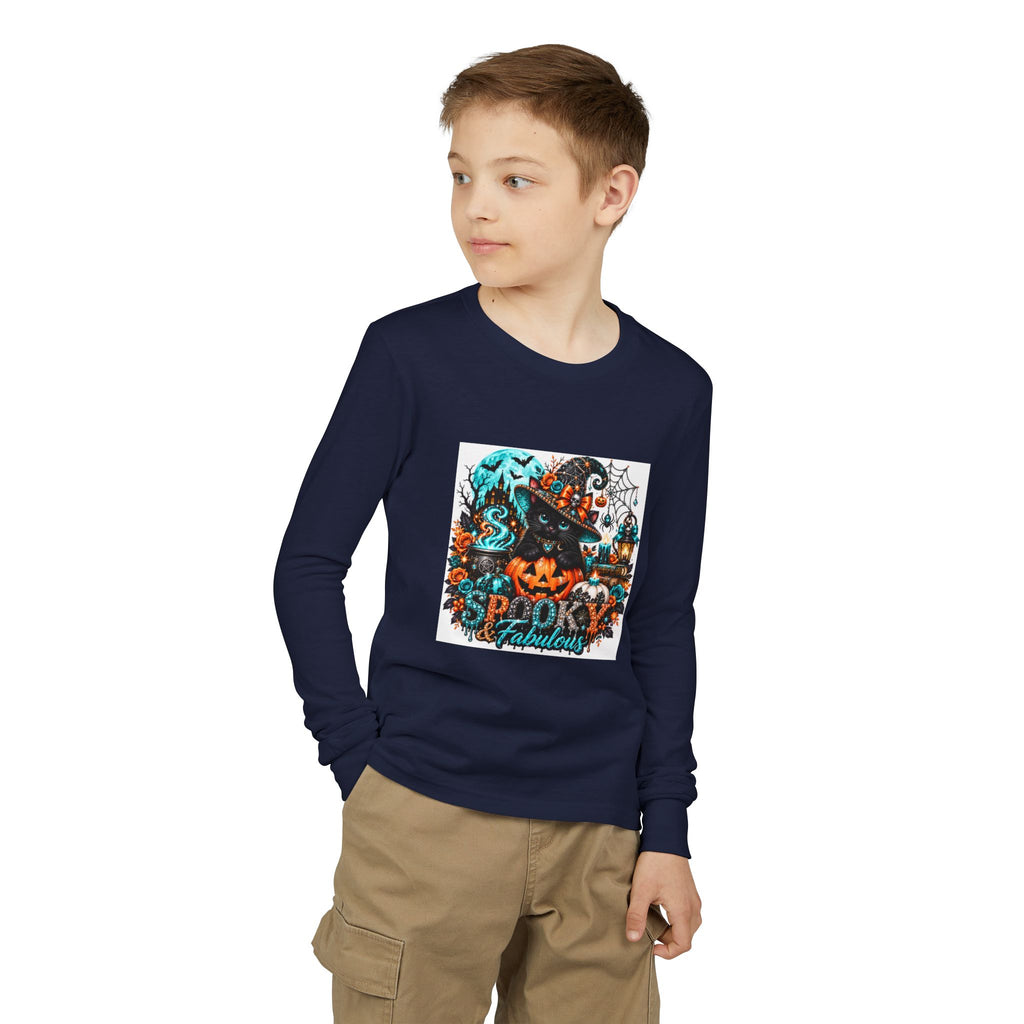 Youth Long Sleeve Tee — "Spooky & Fabulous" Halloween Cat Pumpkin Design
