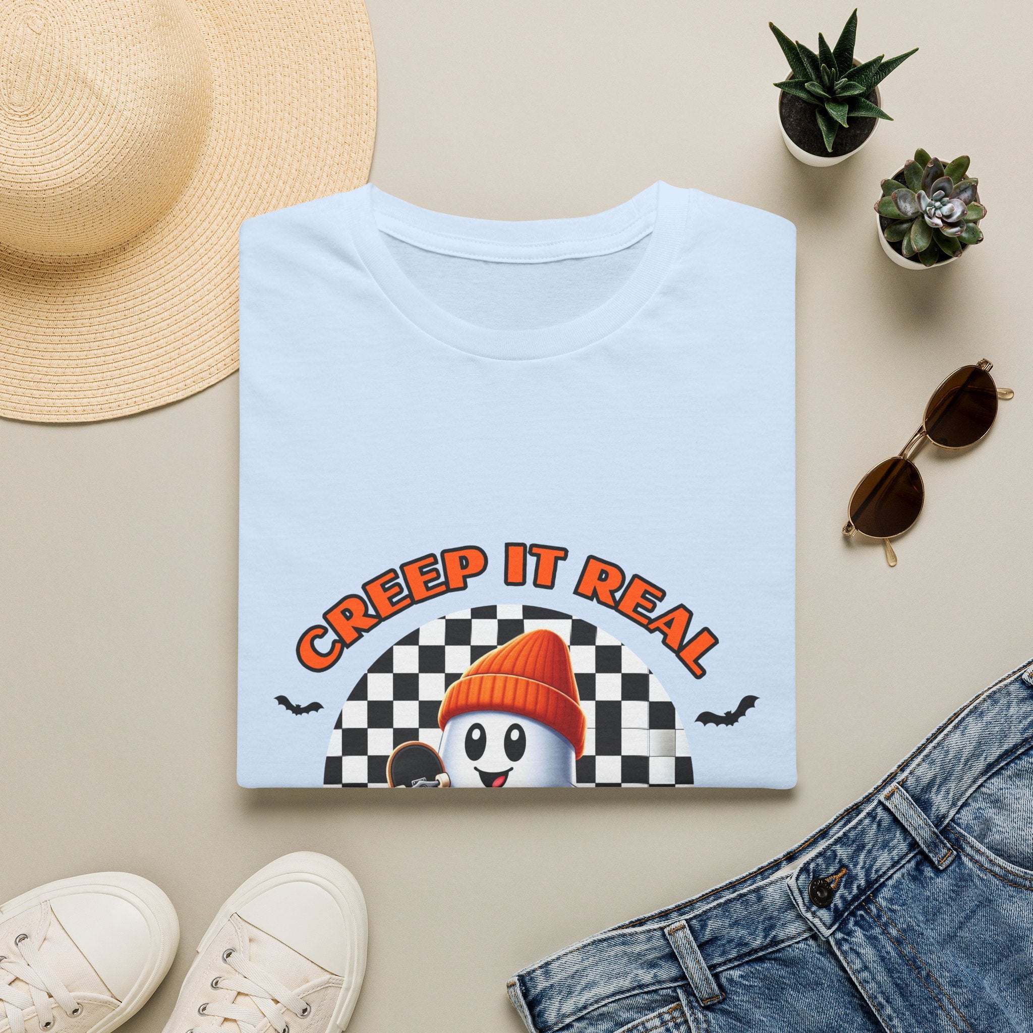Creep It Real Ghost Tee — Retro Checkered Halloween T-Shirt
