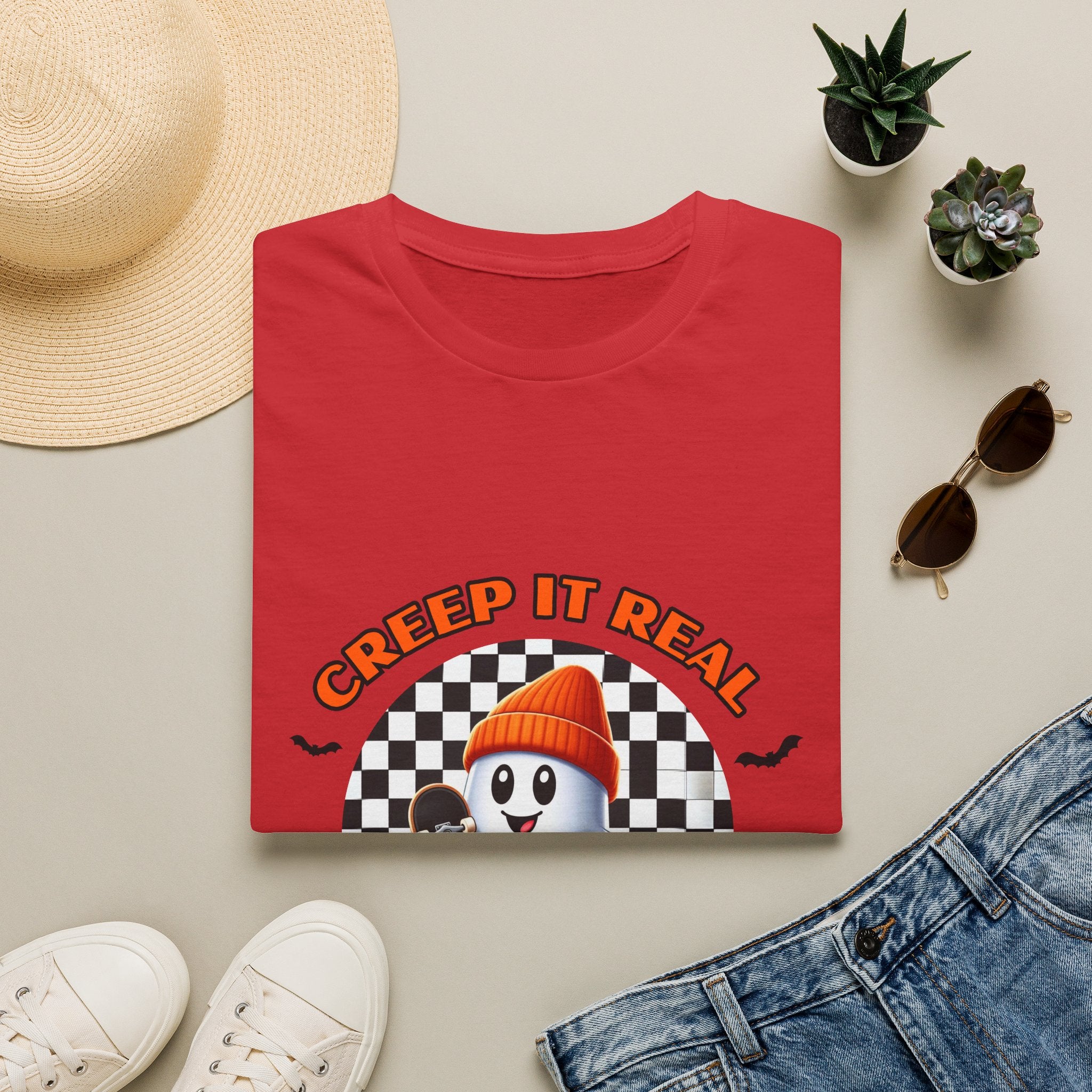 Creep It Real Ghost Tee — Retro Checkered Halloween T-Shirt