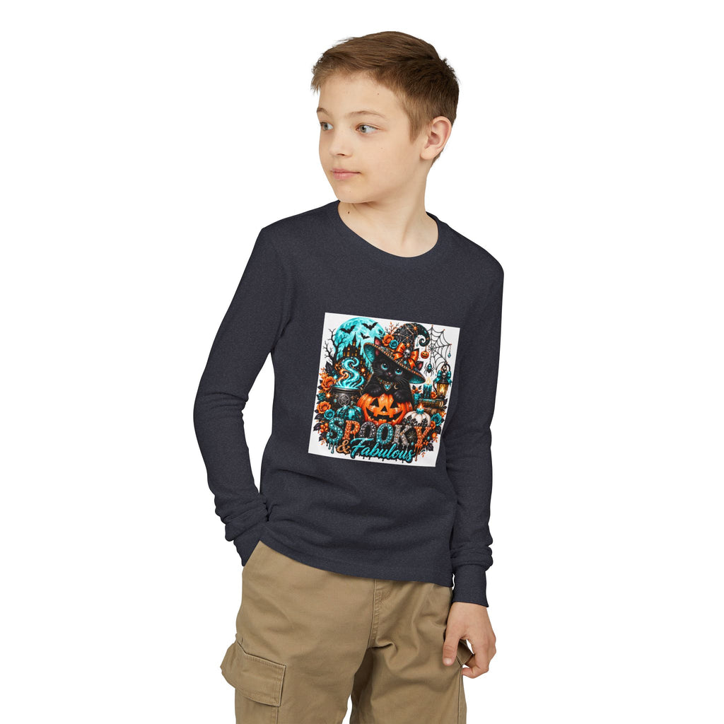 Youth Long Sleeve Tee — "Spooky & Fabulous" Halloween Cat Pumpkin Design