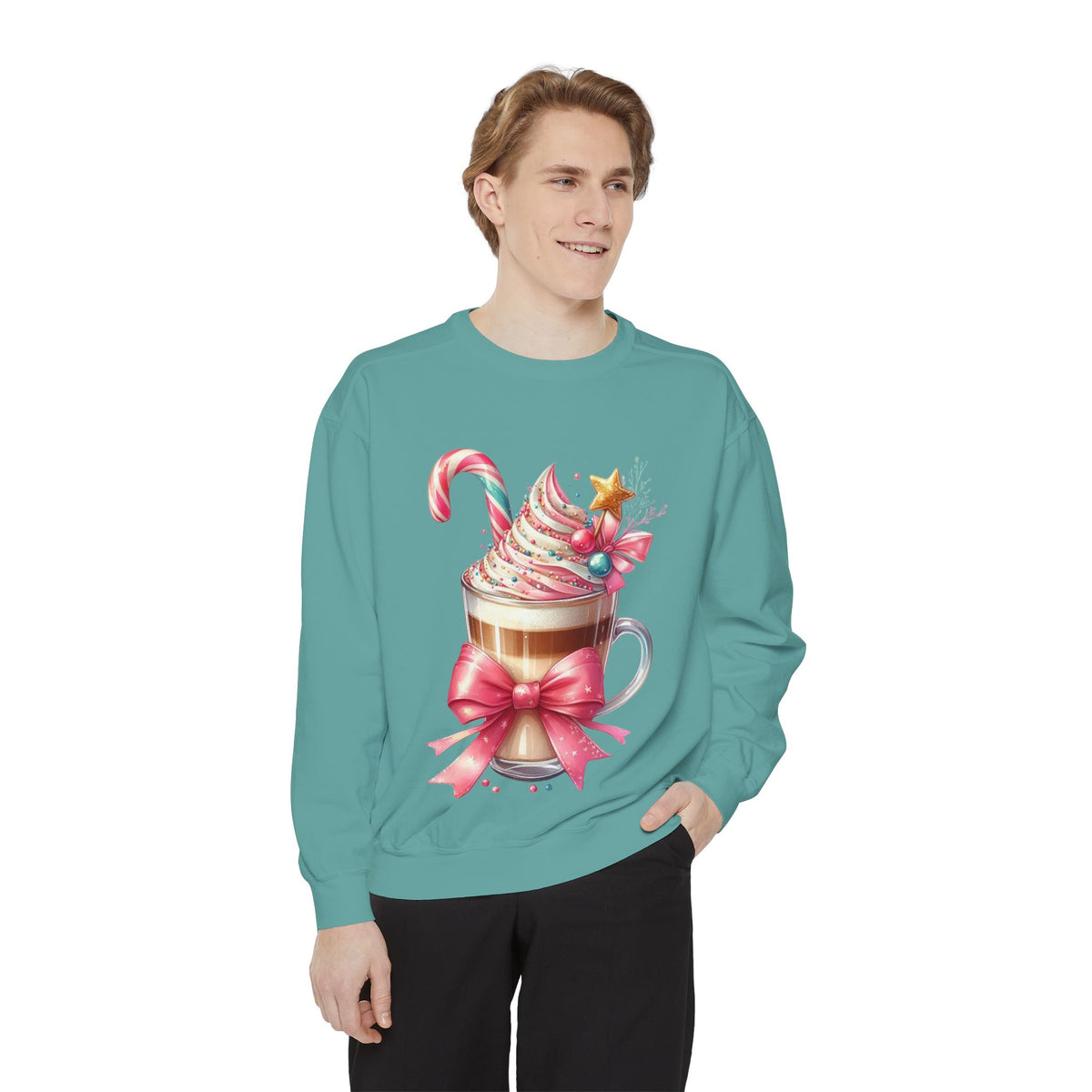 Holiday Hot Cocoa Sweatshirt — Festive Candy Cane Latte Design