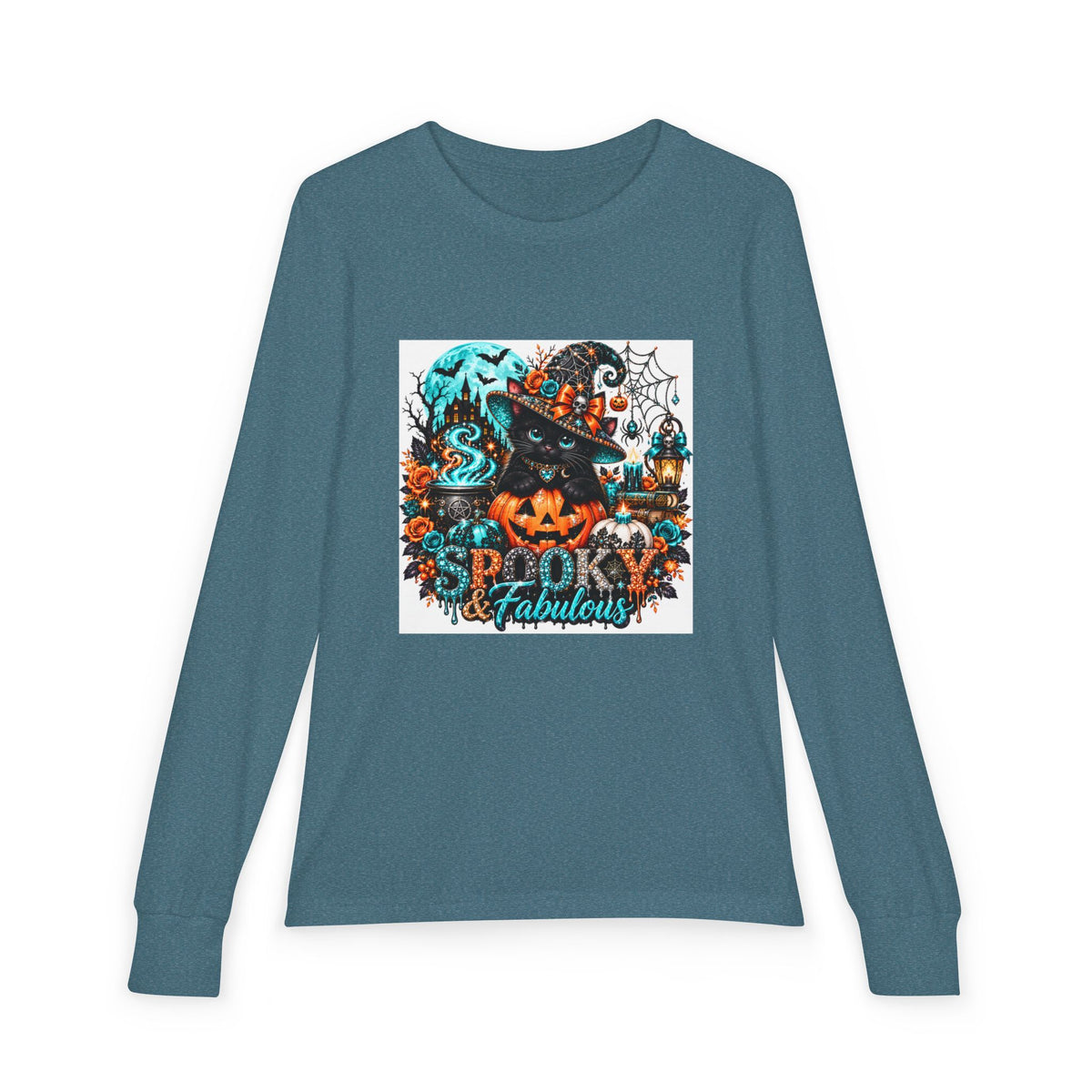 Youth Long Sleeve Tee — "Spooky & Fabulous" Halloween Cat Pumpkin Design