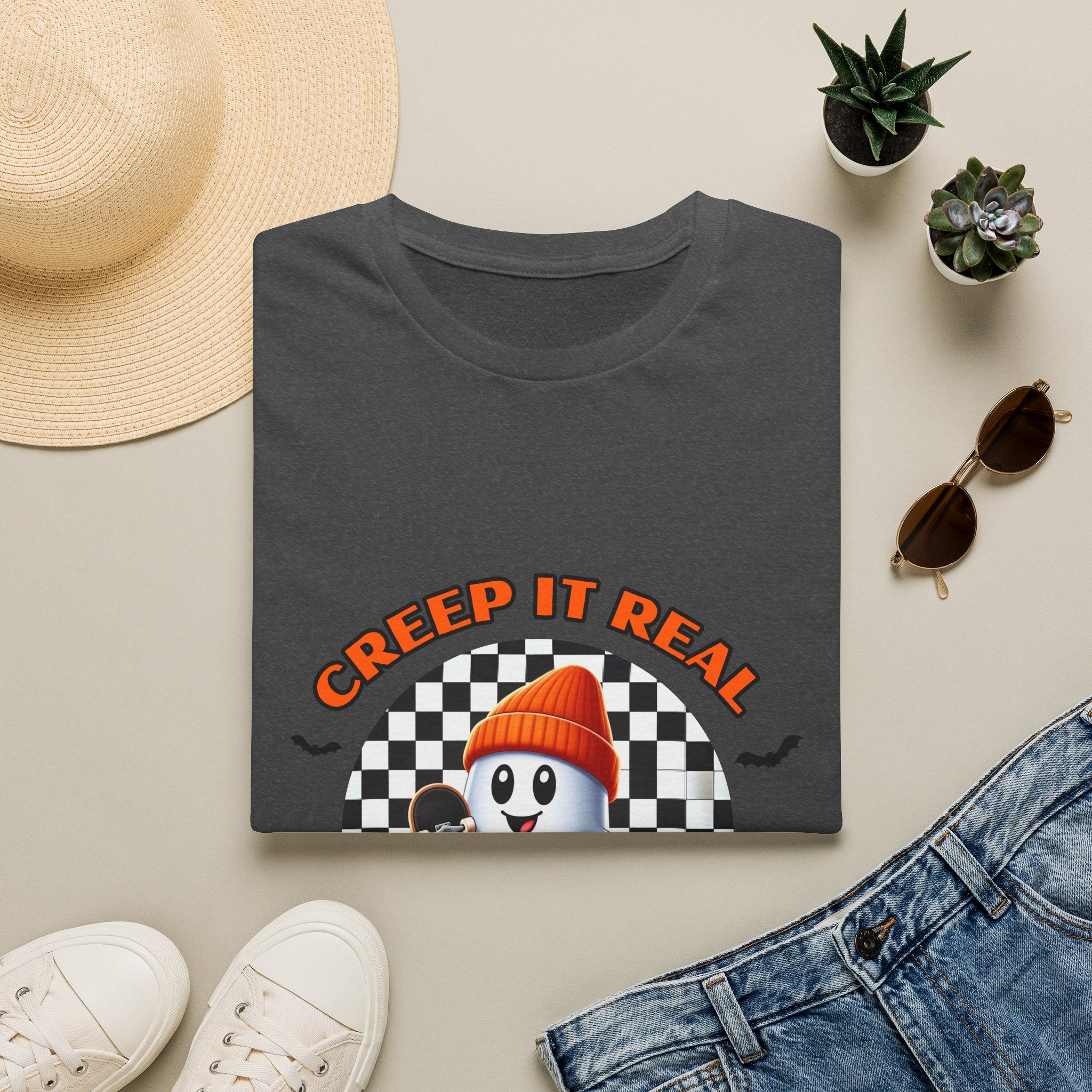 Creep It Real Ghost Tee — Retro Checkered Halloween T-Shirt
