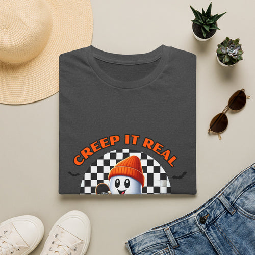 Creep It Real Ghost Tee — Retro Checkered Halloween T-Shirt